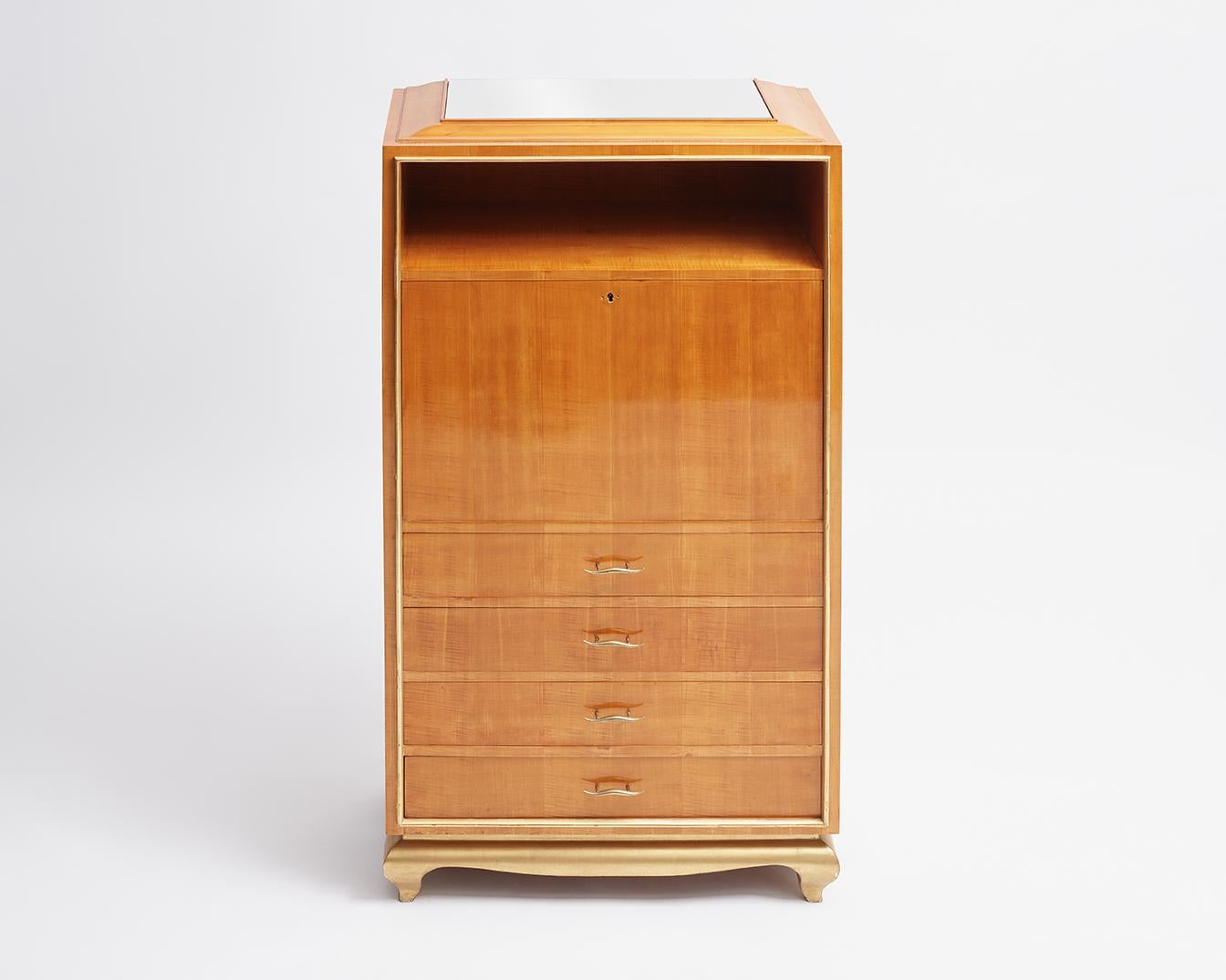 Gilt In the Manner of Jean Pascaud, Art Deco Drop Front Secretary, France, circa 1935 For Sale