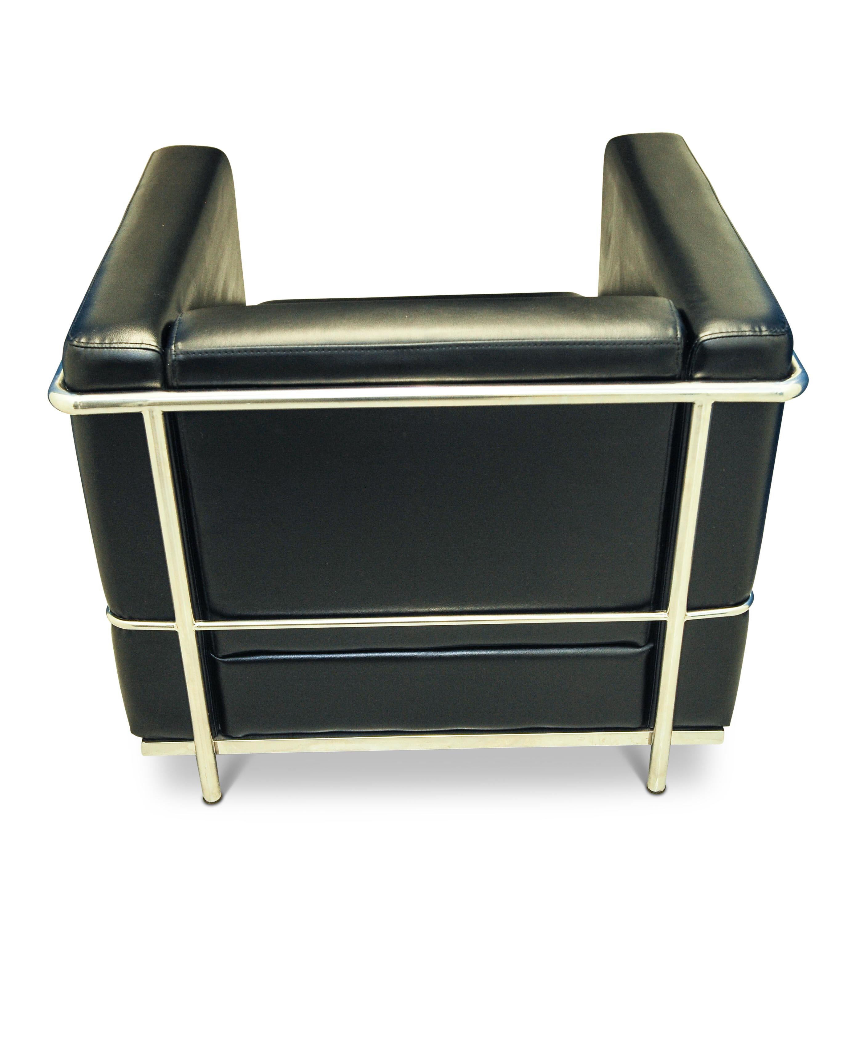 French In the Manner of Le Corbusier LC2 Black Leather Armchair Within a Chrome Frame For Sale