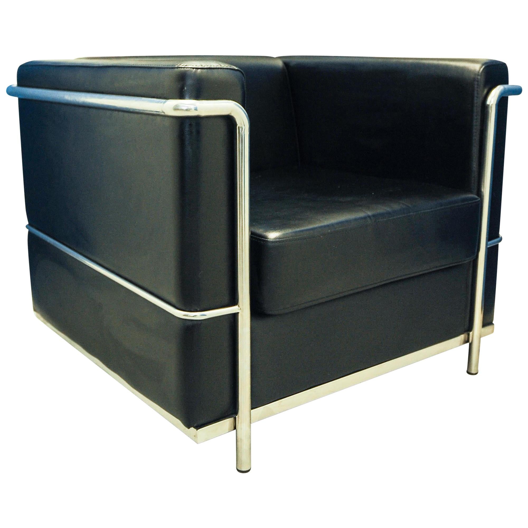In the Manner of Le Corbusier LC2 Black Leather Armchair Within a Chrome Frame For Sale