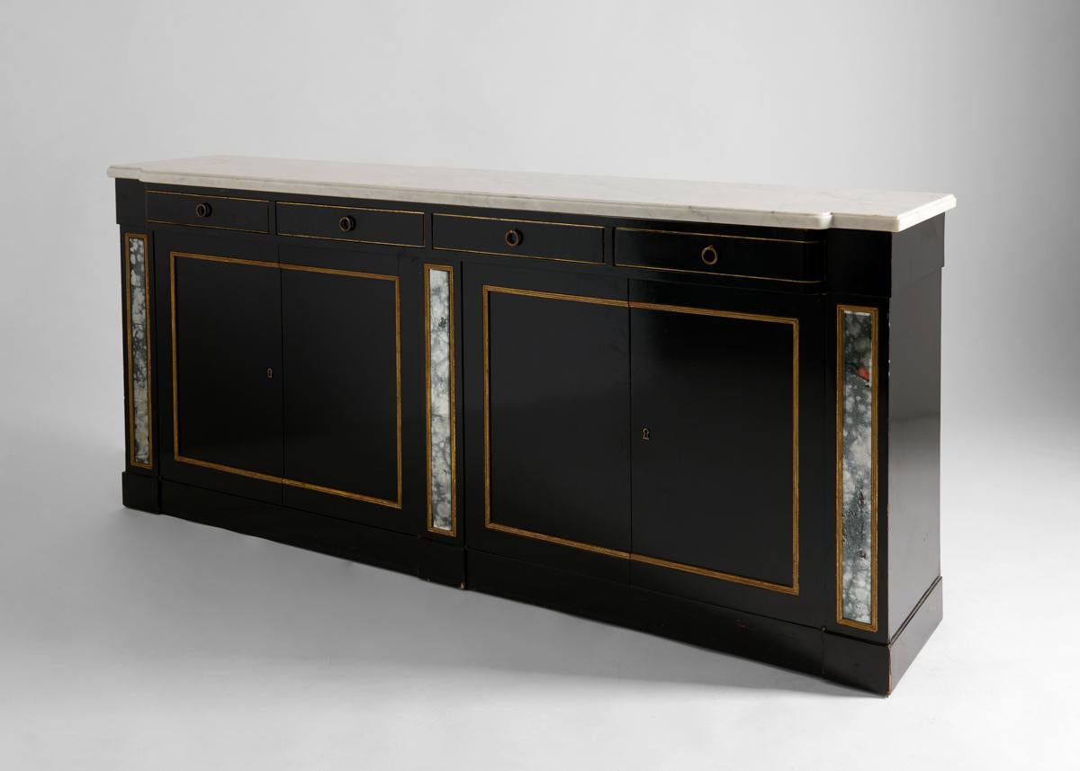 French In the manner of Maison Jansen, Ebonized, Mirrored, and Parcel-gilt Console For Sale