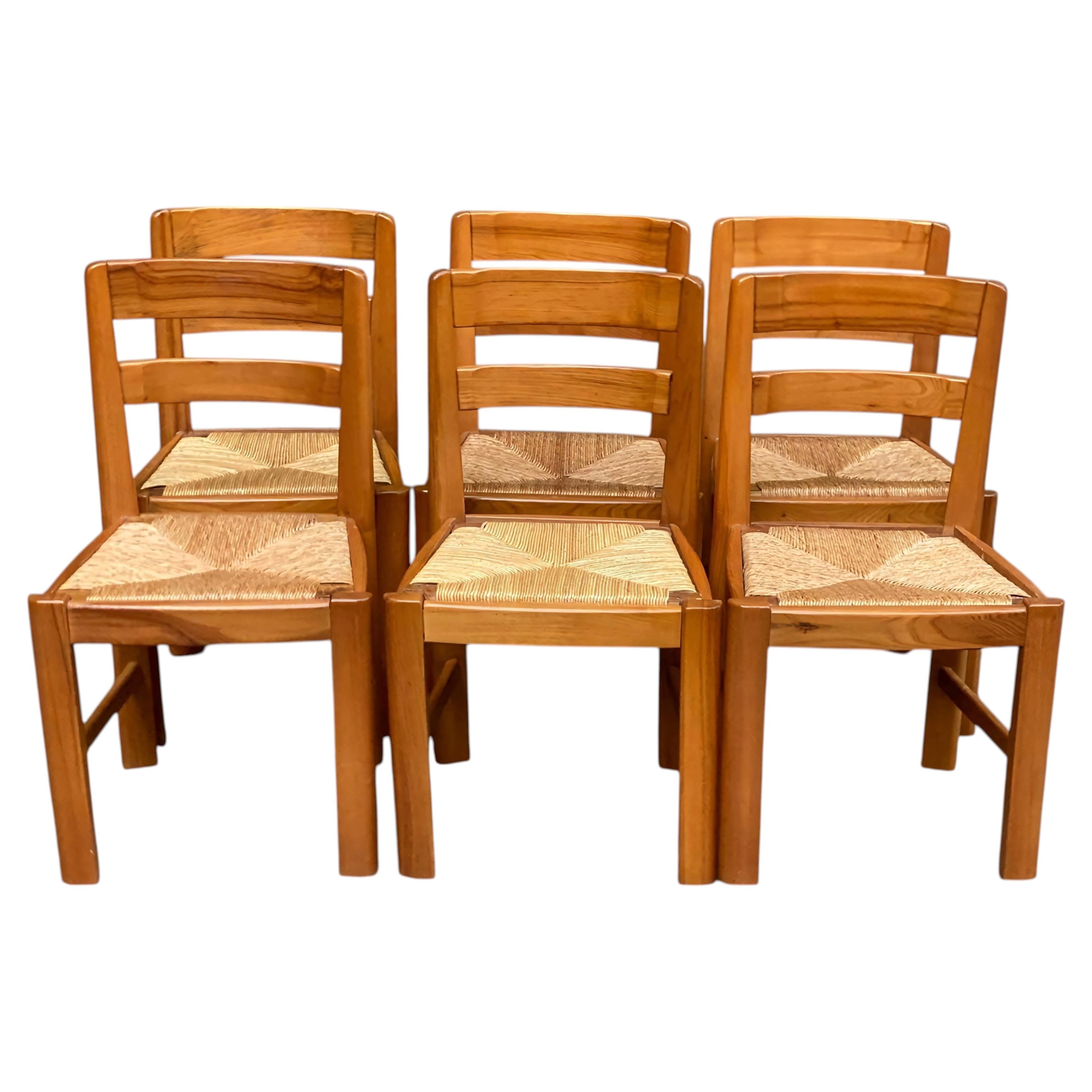 In the Manner of Pierre Chapo, Six Elm Dining Chairs, France, 1970s For Sale