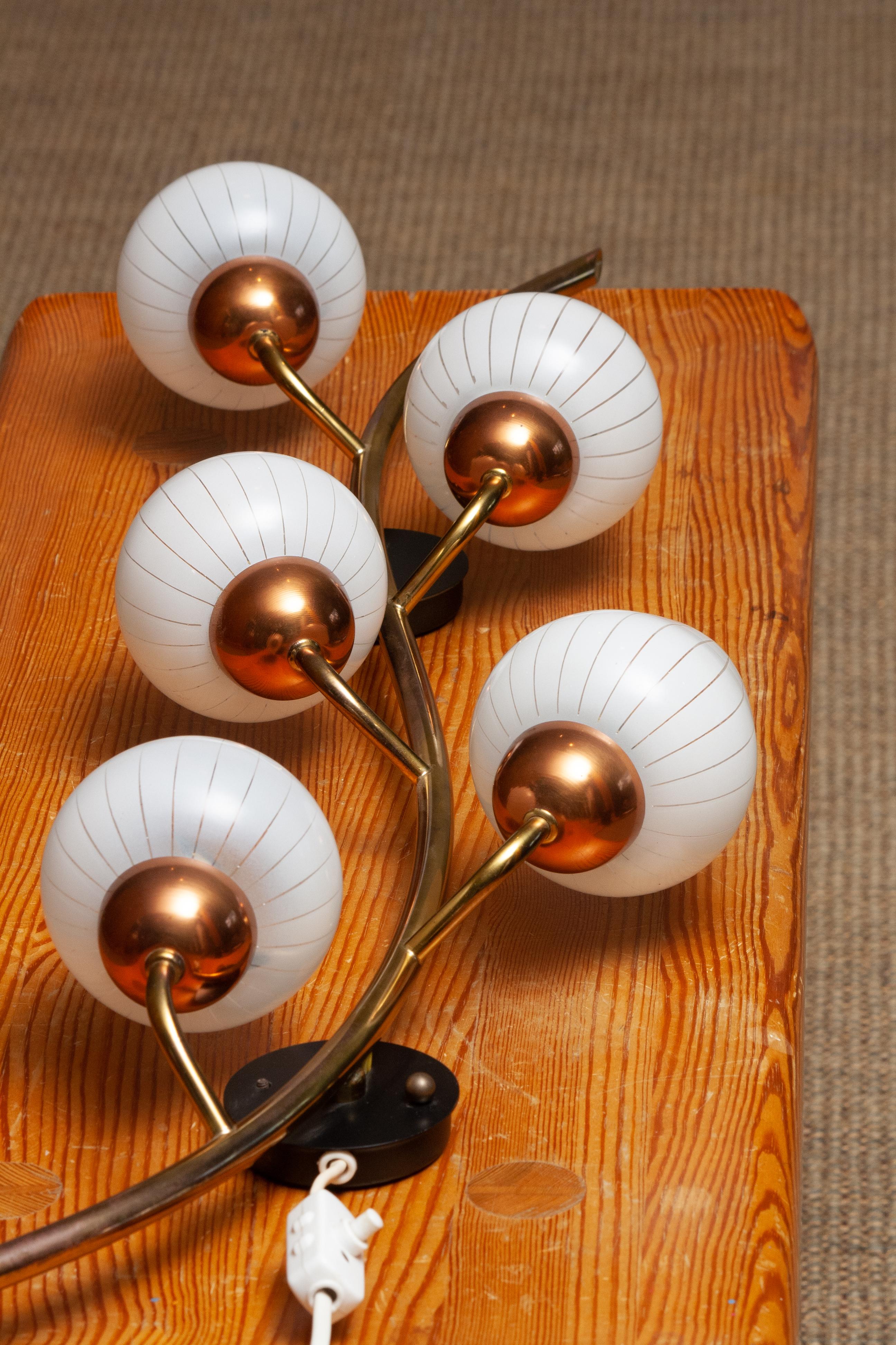 Large Brass Copper And Art Glass Branch Wall Light / Scones. Sweden 1960s For Sale 4