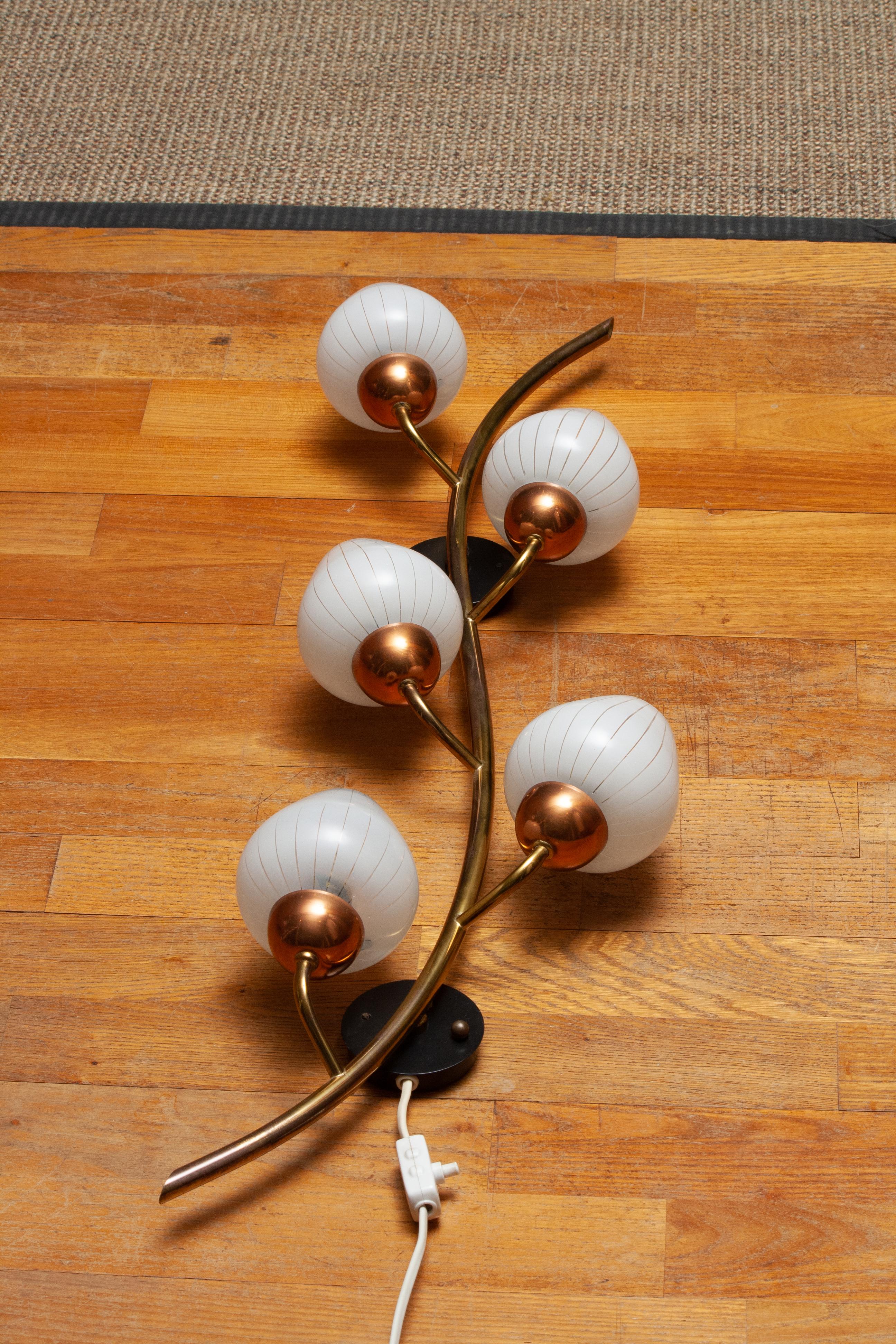 Scandinavian Modern Large Brass Copper And Art Glass Branch Wall Light / Scones. Sweden 1960s For Sale