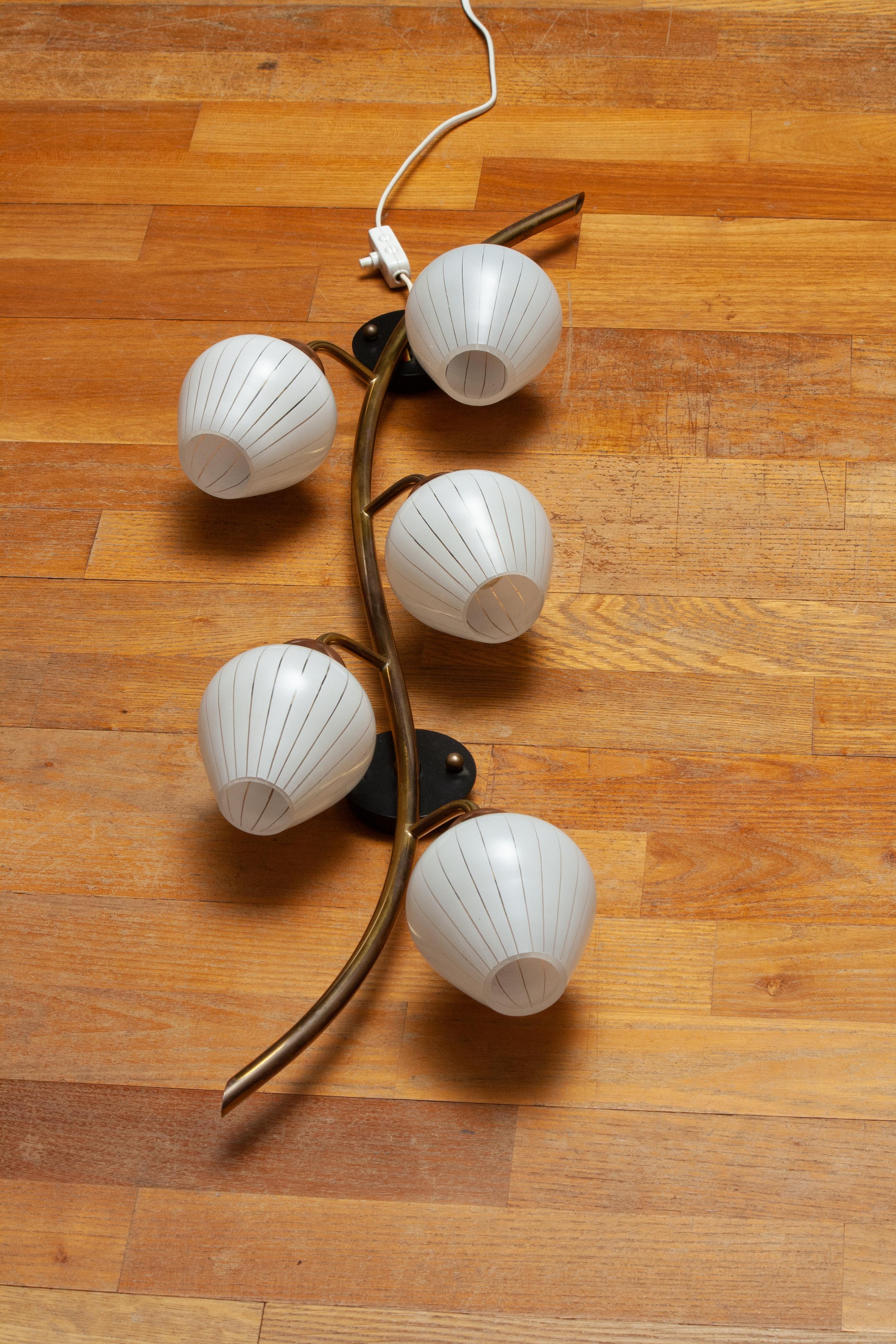 Swedish Large Brass Copper And Art Glass Branch Wall Light / Scones. Sweden 1960s For Sale