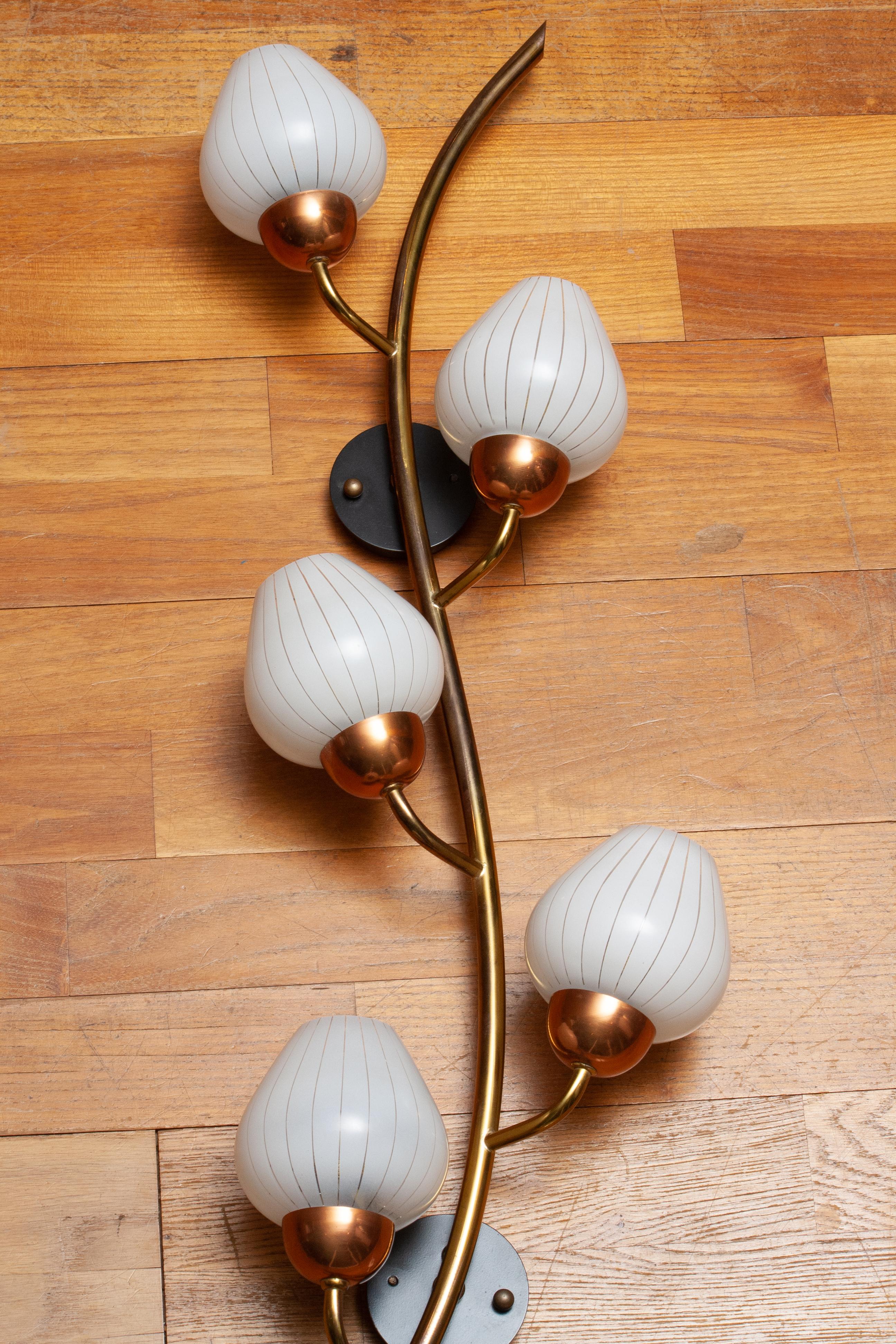 Large Brass Copper And Art Glass Branch Wall Light / Scones. Sweden 1960s In Good Condition For Sale In Silvolde, Gelderland