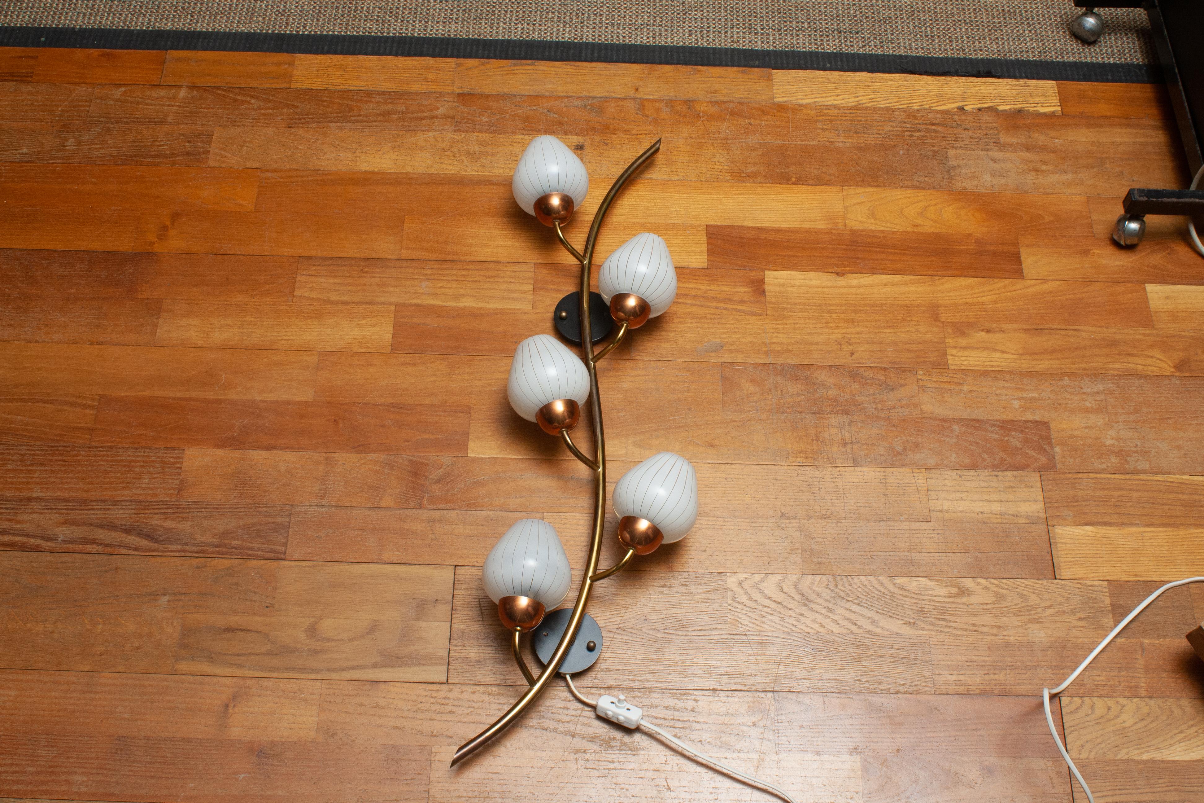 Large Brass Copper And Art Glass Branch Wall Light / Scones. Sweden 1960s For Sale 1