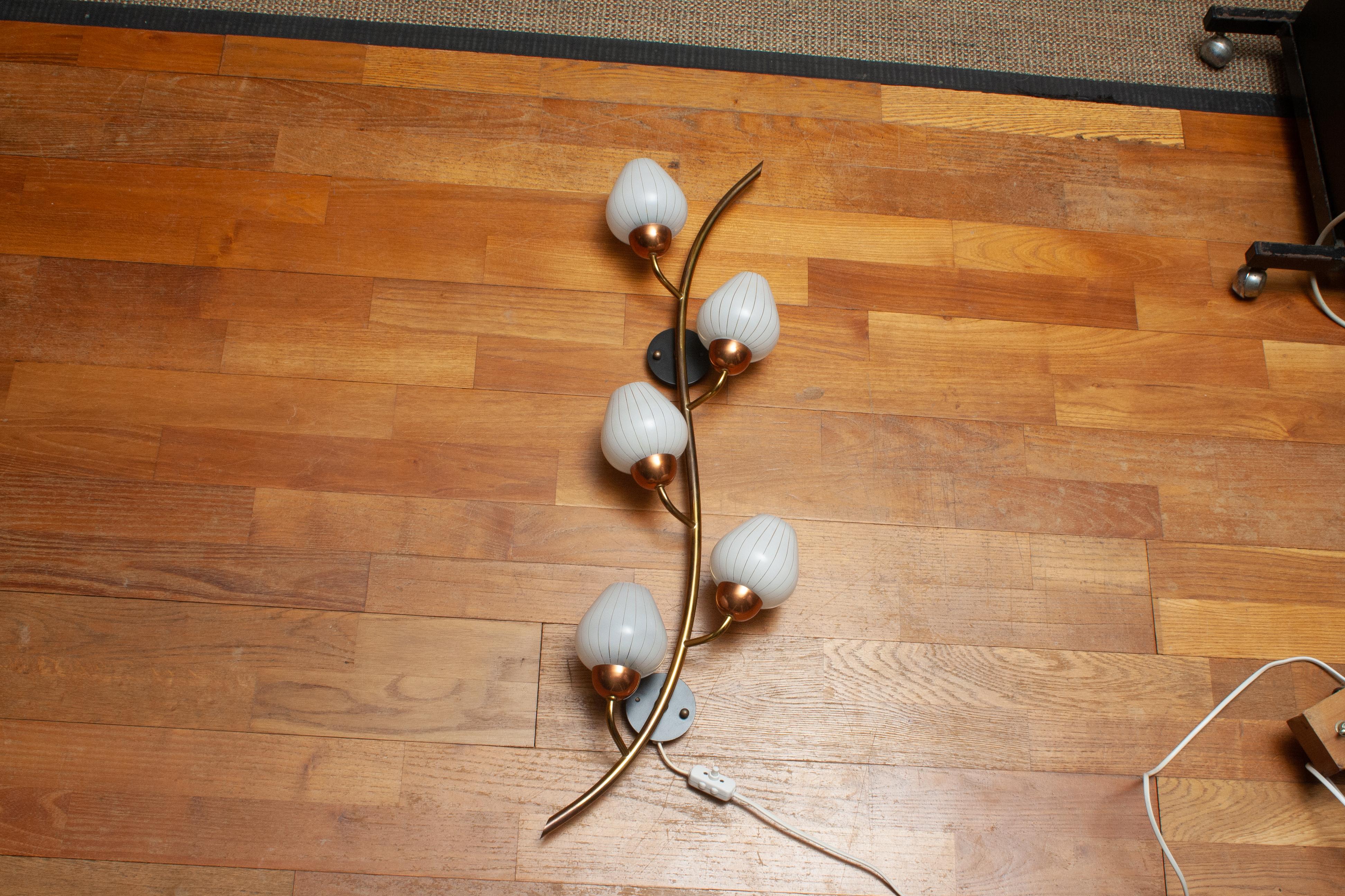 Large Brass Copper And Art Glass Branch Wall Light / Scones. Sweden 1960s For Sale 2