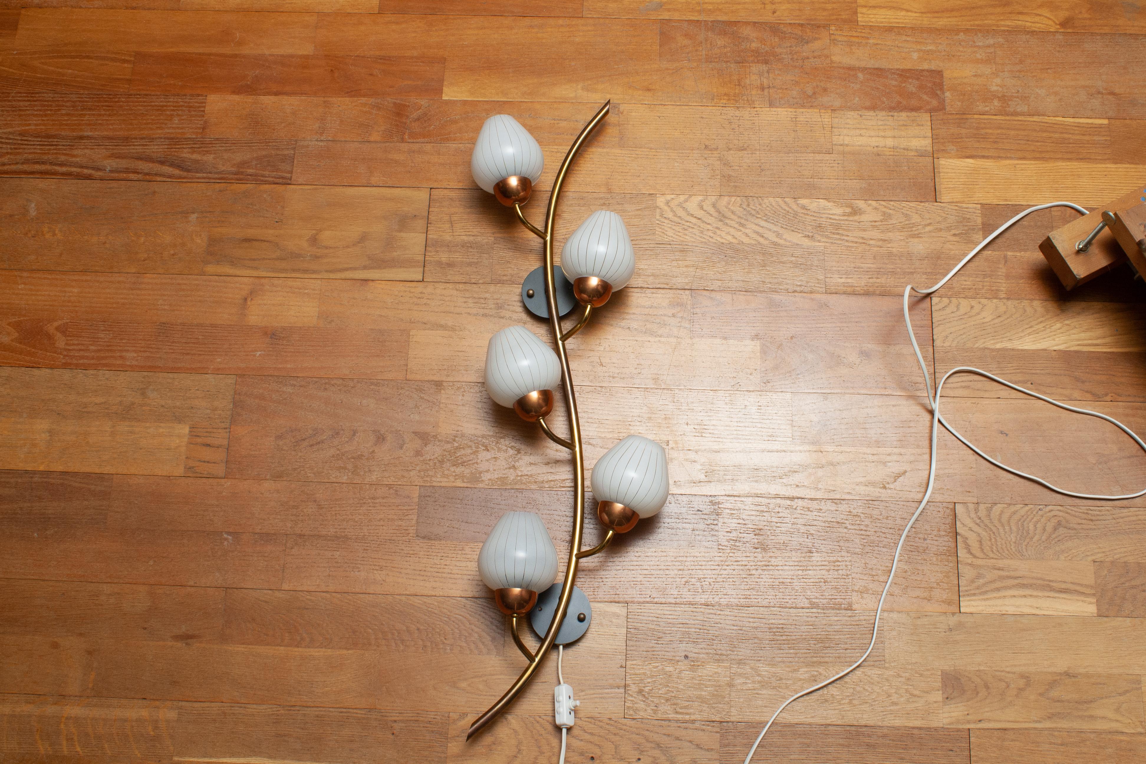 Large Brass Copper And Art Glass Branch Wall Light / Scones. Sweden 1960s For Sale 3