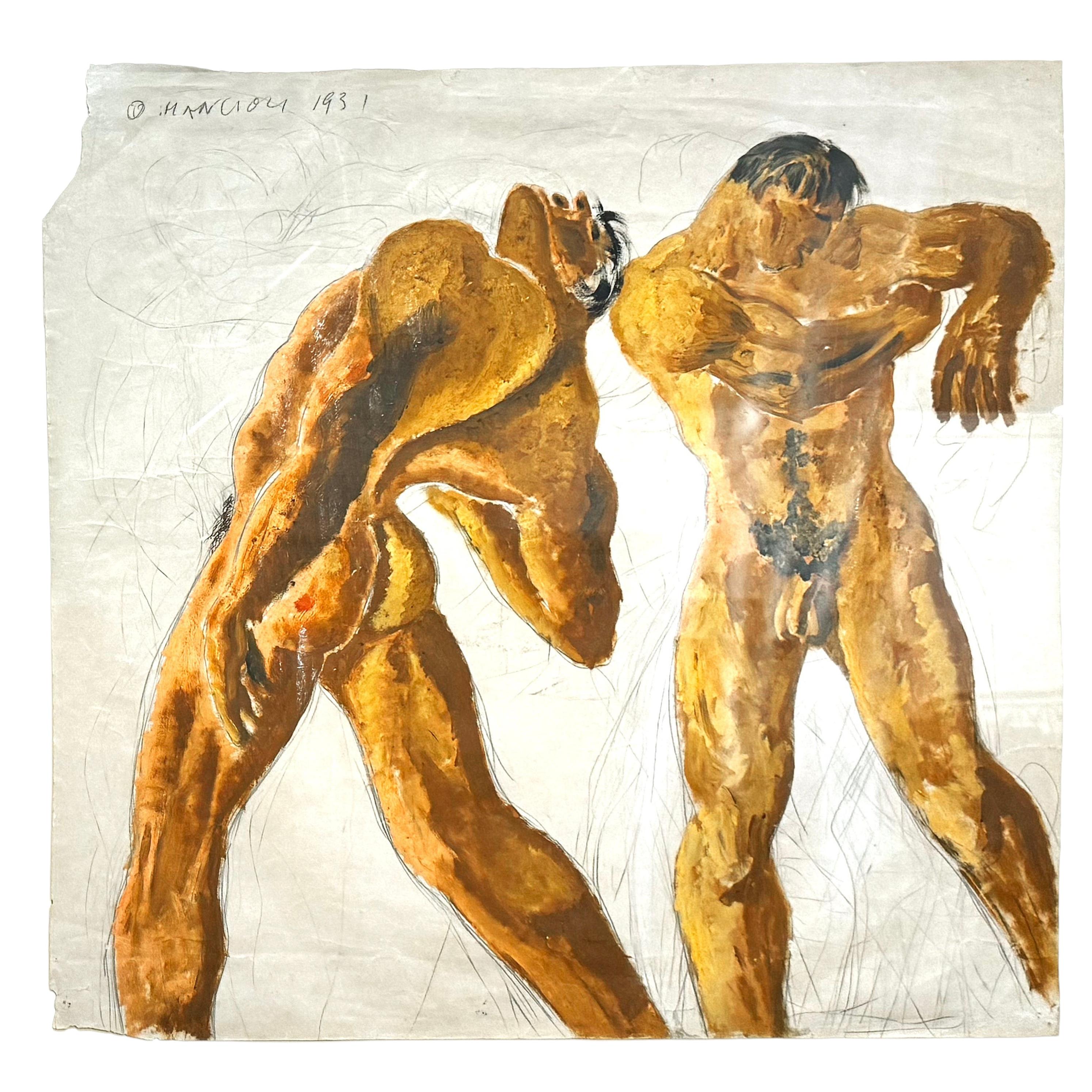 "In the Showers", Extraordinary Art Deco Painting of Nude Italian Athletes, 1931