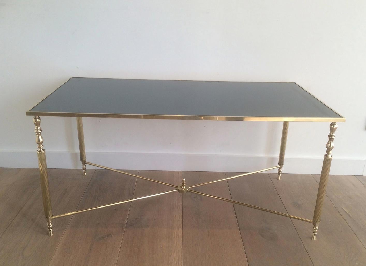 Style of Maison Jansen Brass Coffee Table with Original Blueish Mirror Top 5