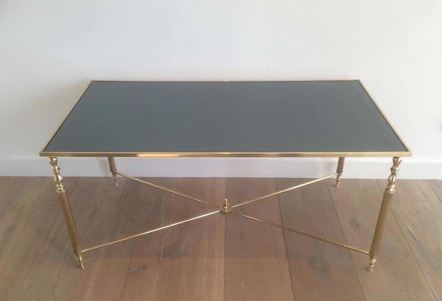 Style of Maison Jansen Brass Coffee Table with Original Blueish Mirror Top 6