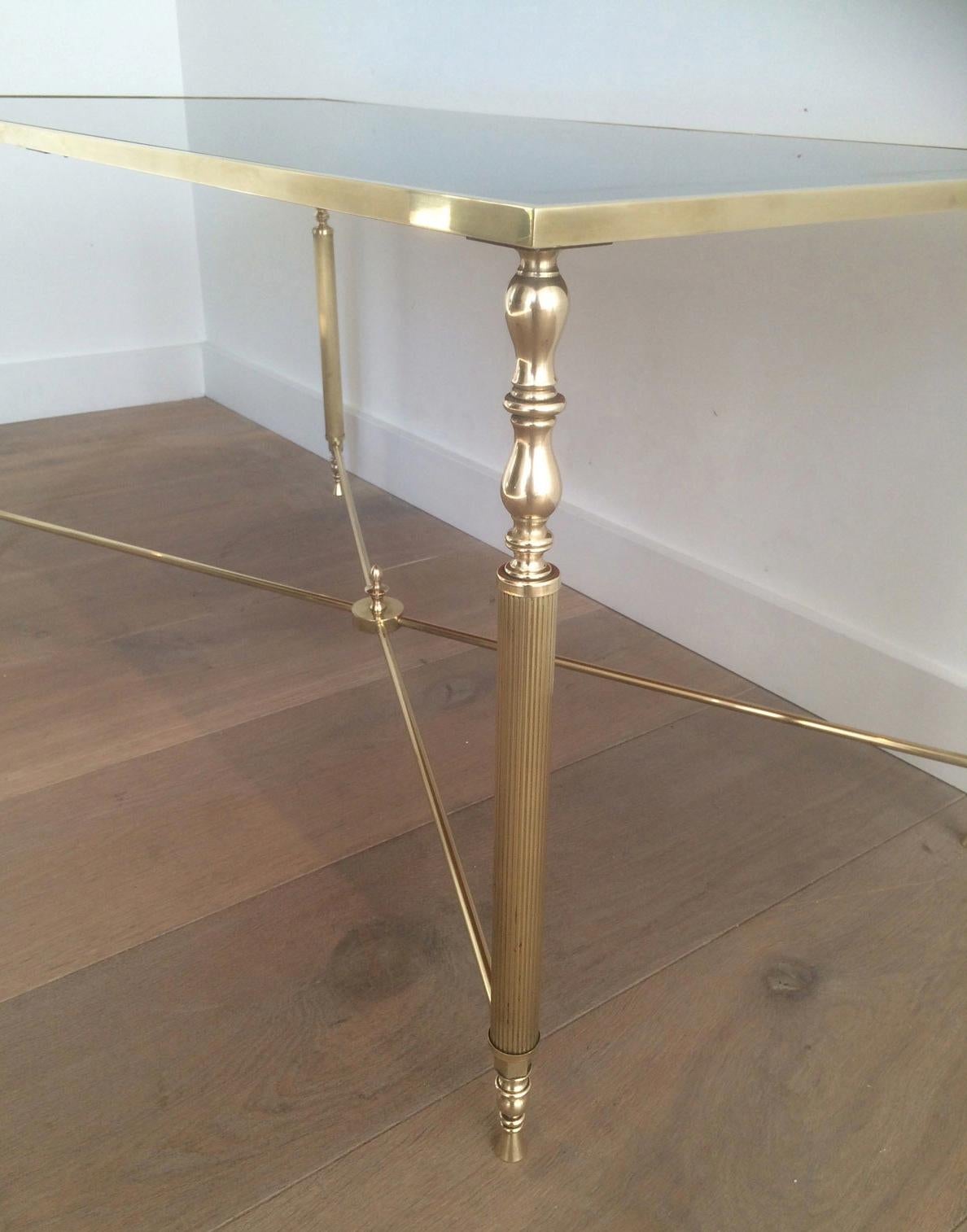 Neoclassical Style of Maison Jansen Brass Coffee Table with Original Blueish Mirror Top