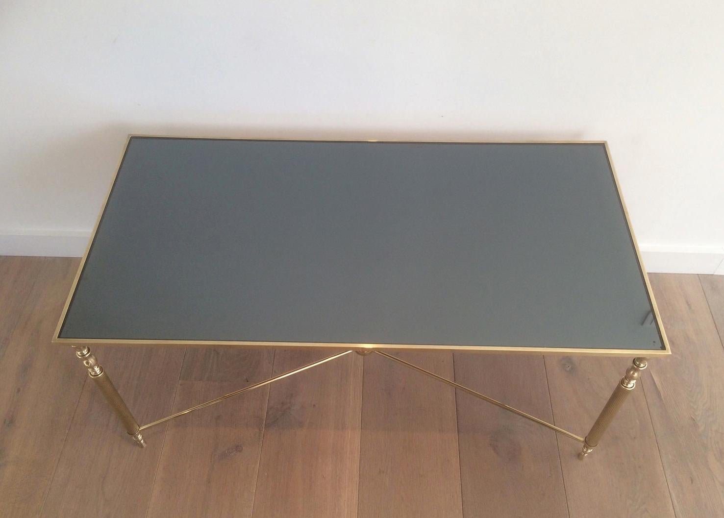 Style of Maison Jansen Brass Coffee Table with Original Blueish Mirror Top 1