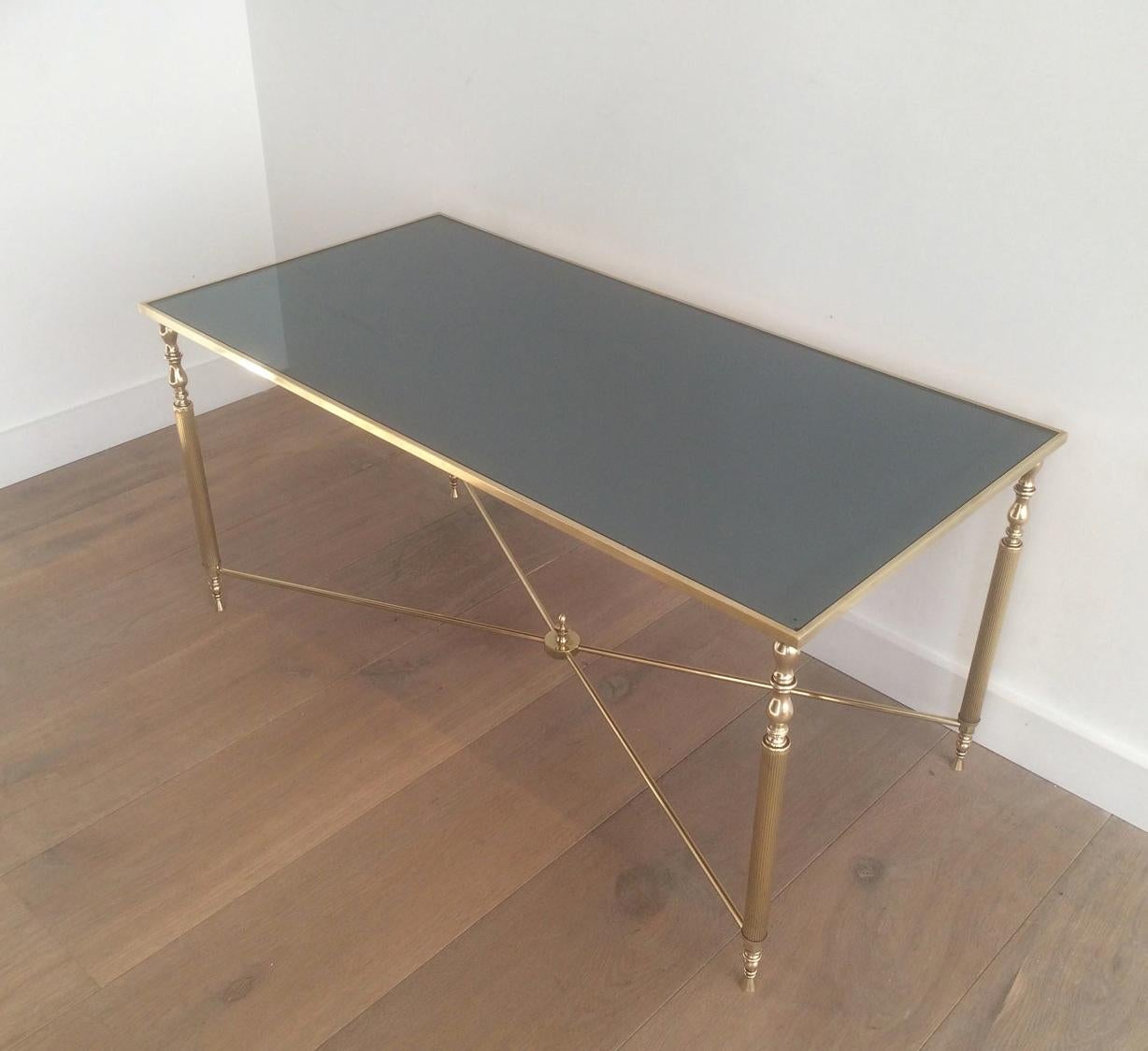 Style of Maison Jansen Brass Coffee Table with Original Blueish Mirror Top 2