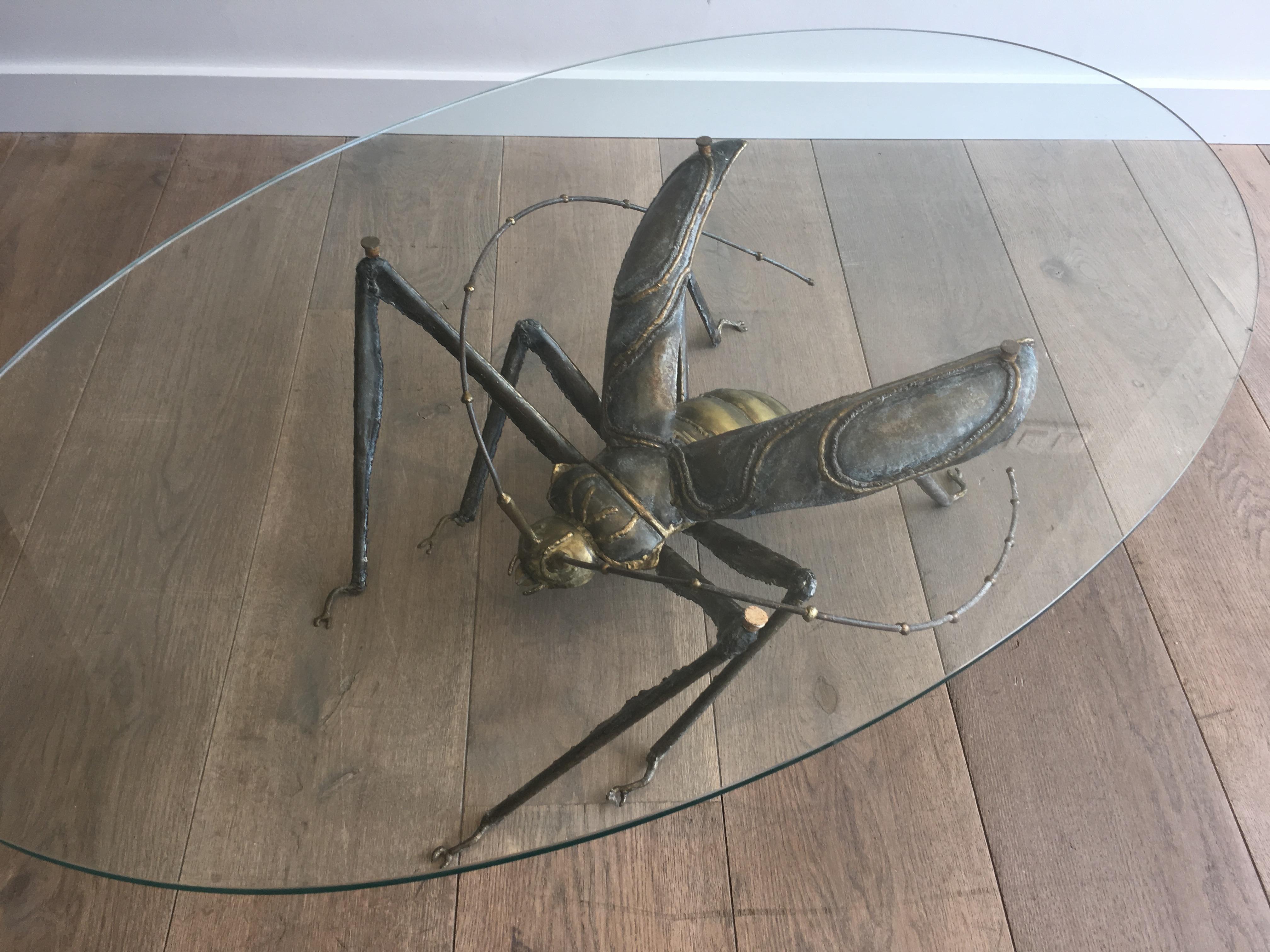 In the Style Duval Brasseur, Rare Brass & Wrought Iron Grasshopper Coffee Table 6