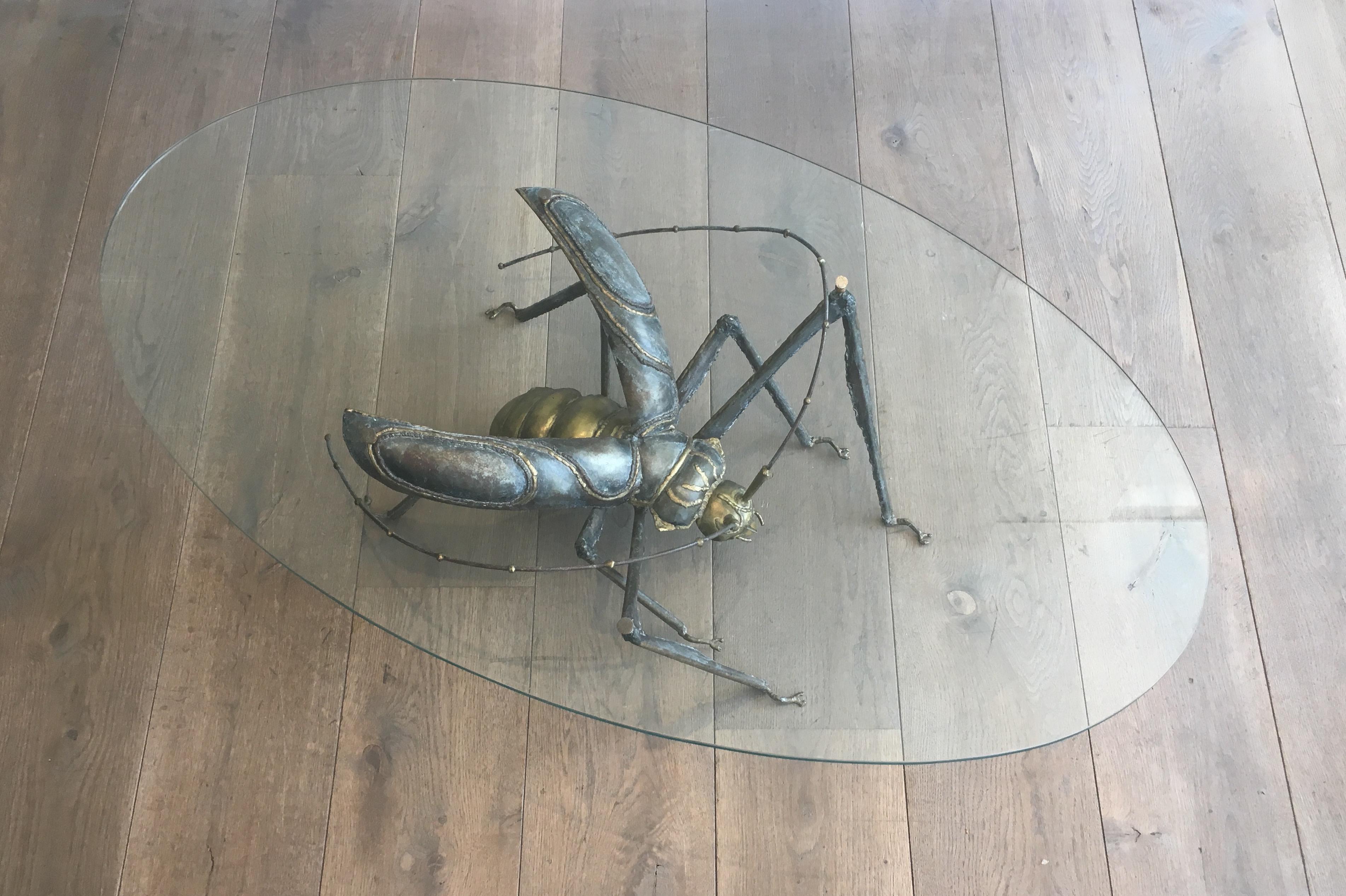 In the Style Duval Brasseur, Rare Brass & Wrought Iron Grasshopper Coffee Table 14