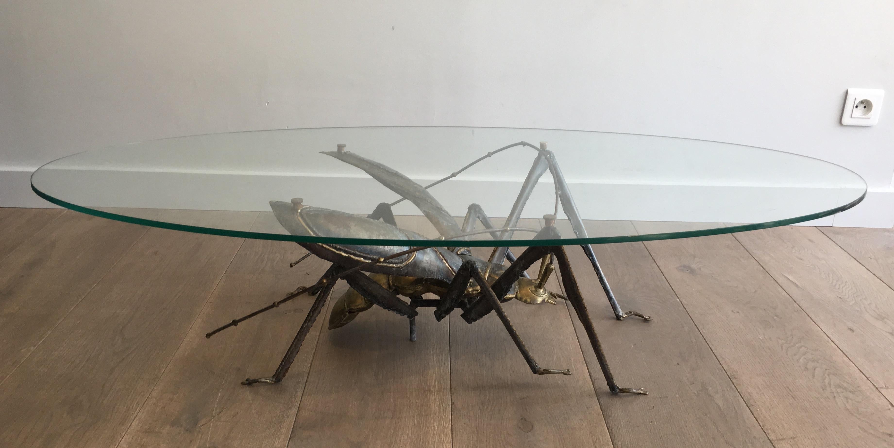 Mid-Century Modern In the Style Duval Brasseur, Rare Brass & Wrought Iron Grasshopper Coffee Table