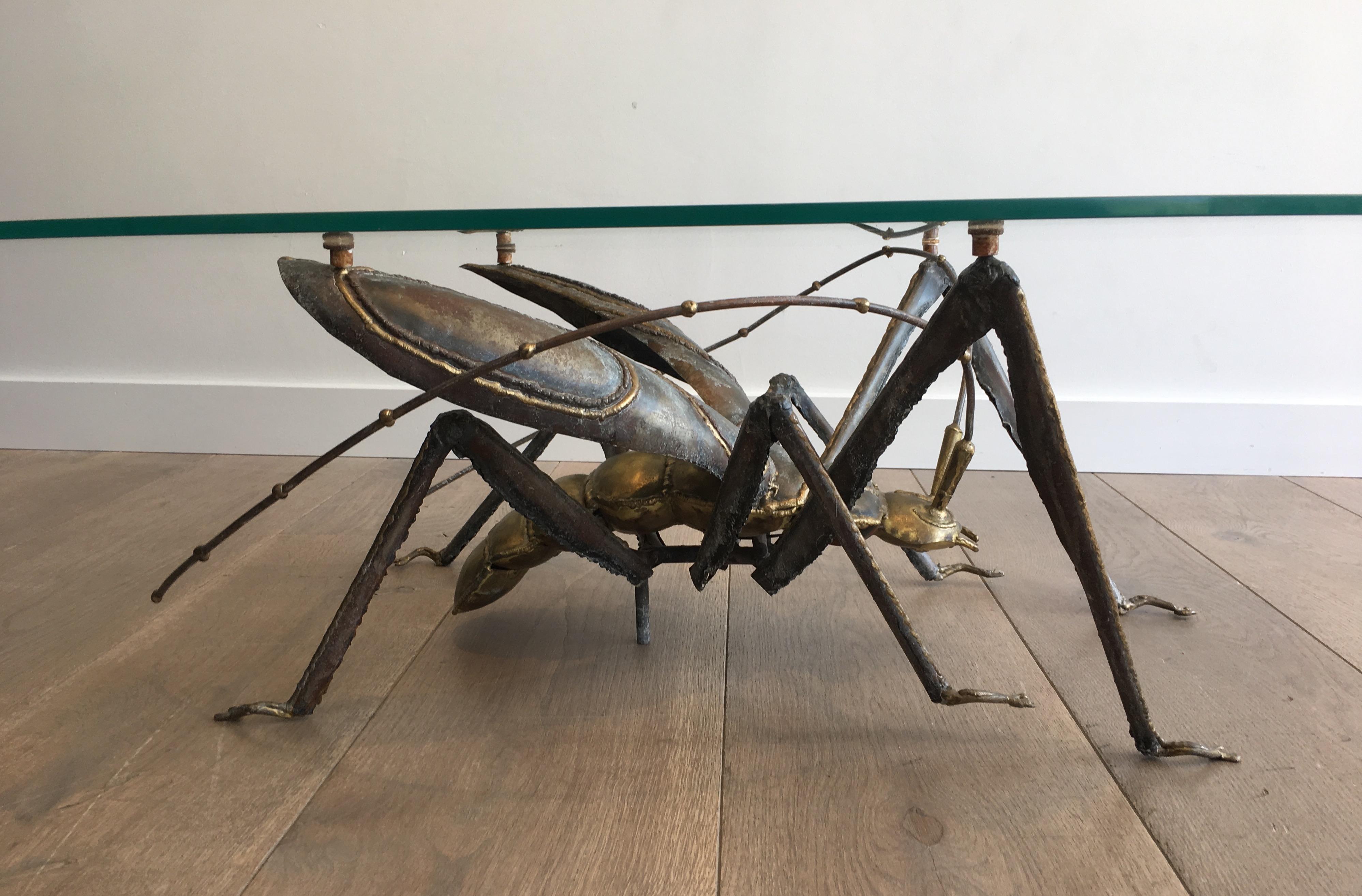 French In the Style Duval Brasseur, Rare Brass & Wrought Iron Grasshopper Coffee Table