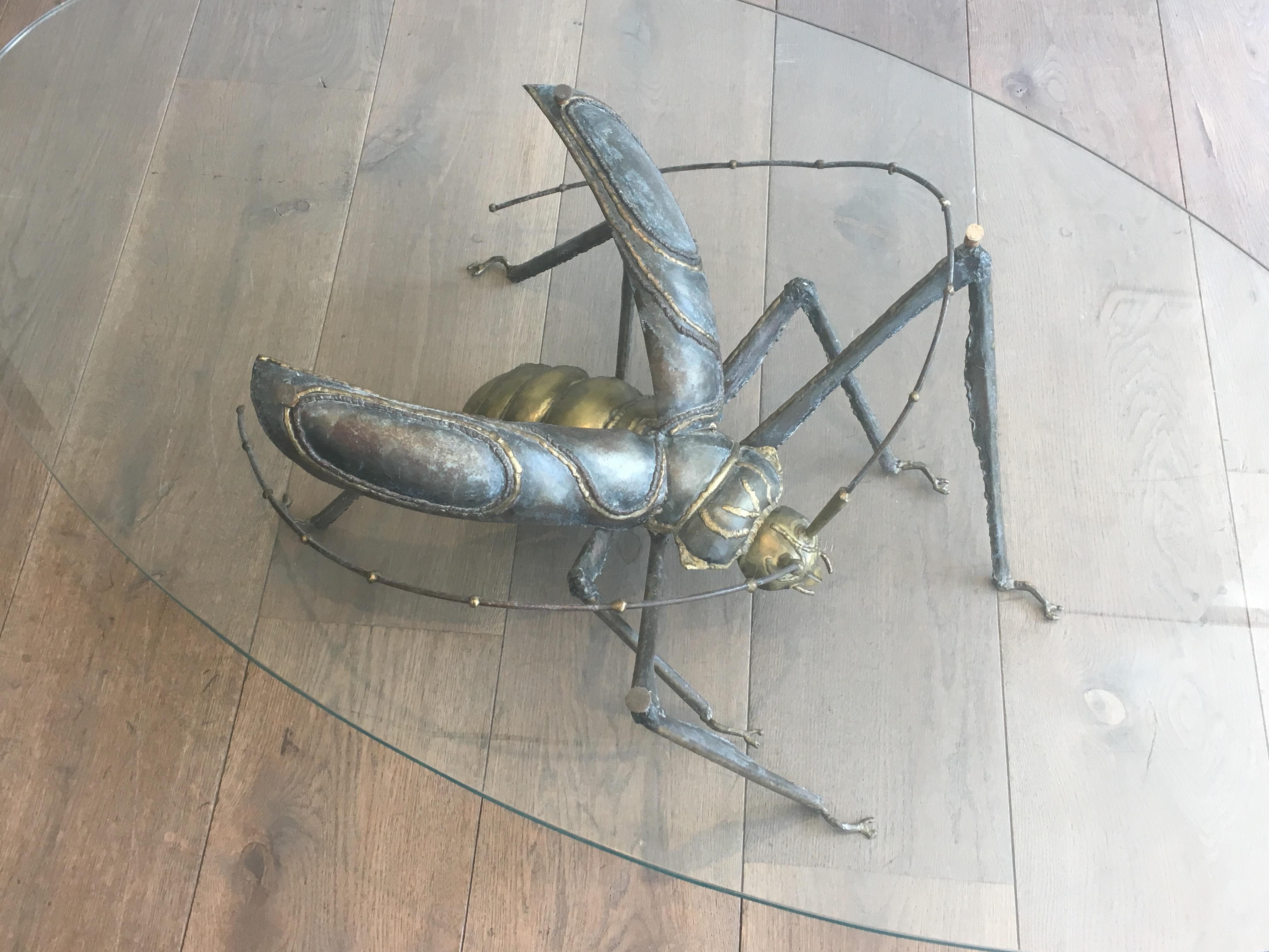 Late 20th Century In the Style Duval Brasseur, Rare Brass & Wrought Iron Grasshopper Coffee Table