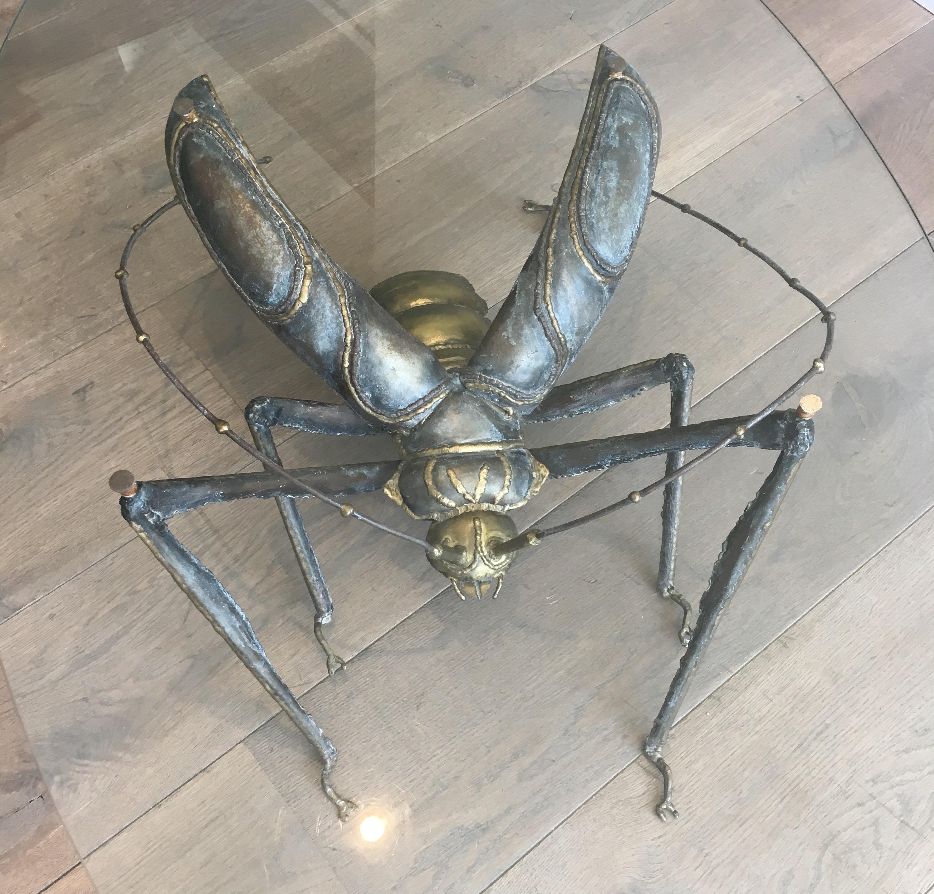 In the Style Duval Brasseur, Rare Brass & Wrought Iron Grasshopper Coffee Table 3