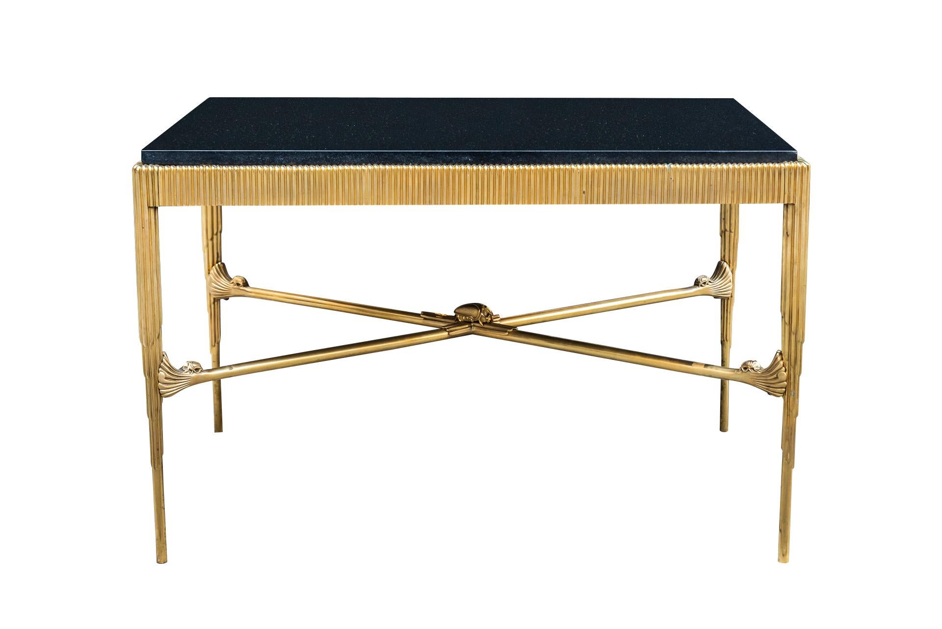 In the style of Armand-Albert Rateau, 
Pair of tables decorated with a beetle, 
Bronze gilded with 24-carat gold,
Granit tabletop,
Edition Tisserant,
France, circa 1990.

Measures: Width 95 cm, depth 66 cm, height 62 cm.