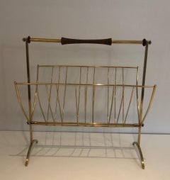 in the Style of Cesare Lacca, Brass and Wood Folding Magazine Rack, Italian, cir