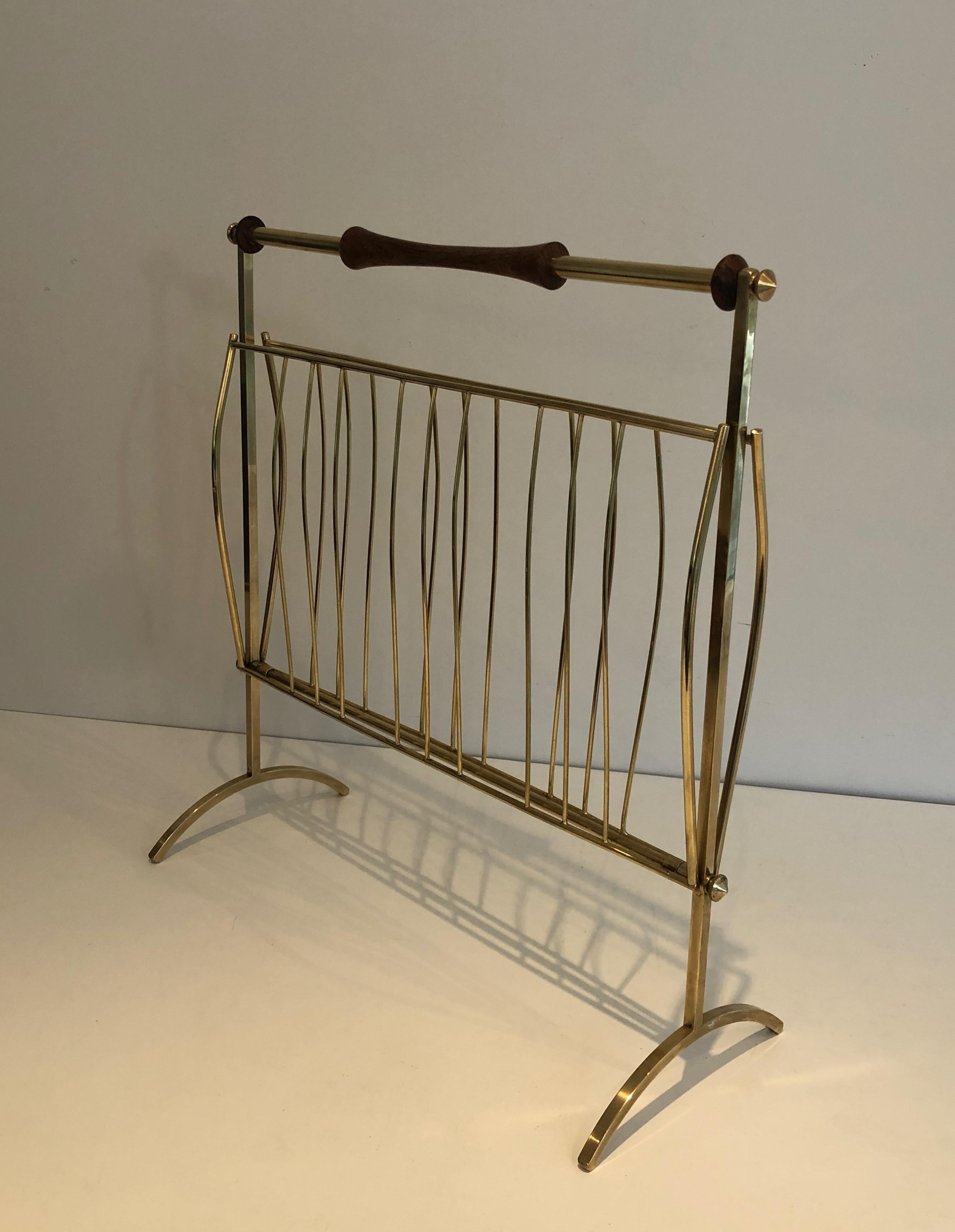 Mid-Century Modern in the Style of Cesare Lacca, Brass and Wood Folding Magazine Rack, Italian, cir For Sale
