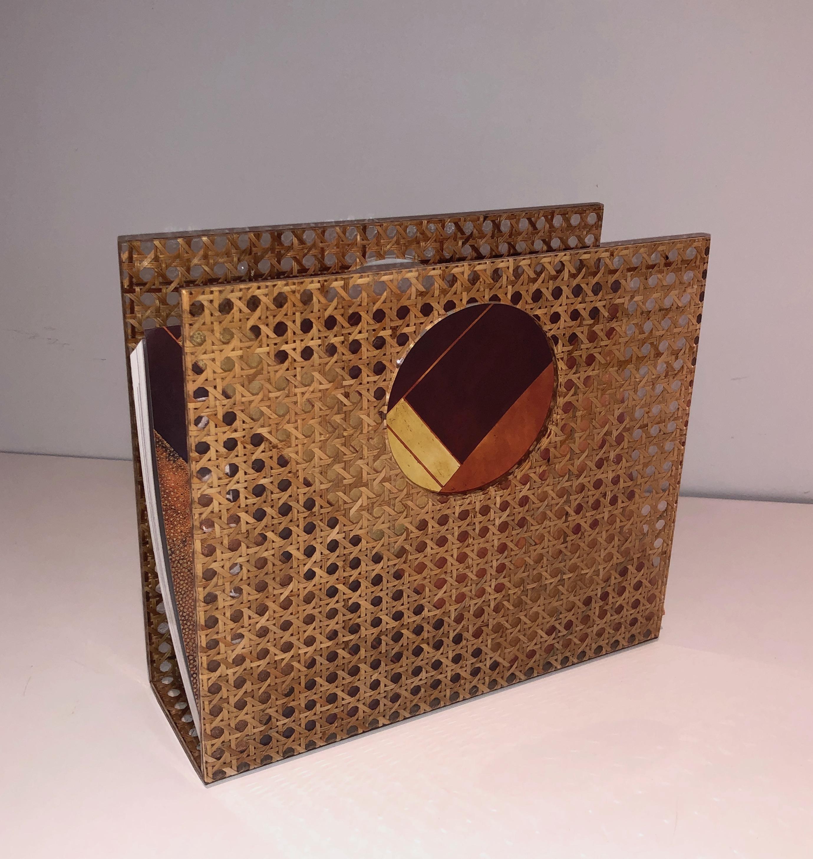 Lucite, Brass & Encrusted Cane Magazine Rack in the Style of C. Dior & G. Crespi For Sale 6