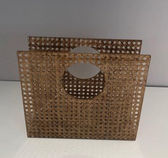 Lucite, Brass & Encrusted Cane Magazine Rack in the Style of C. Dior
