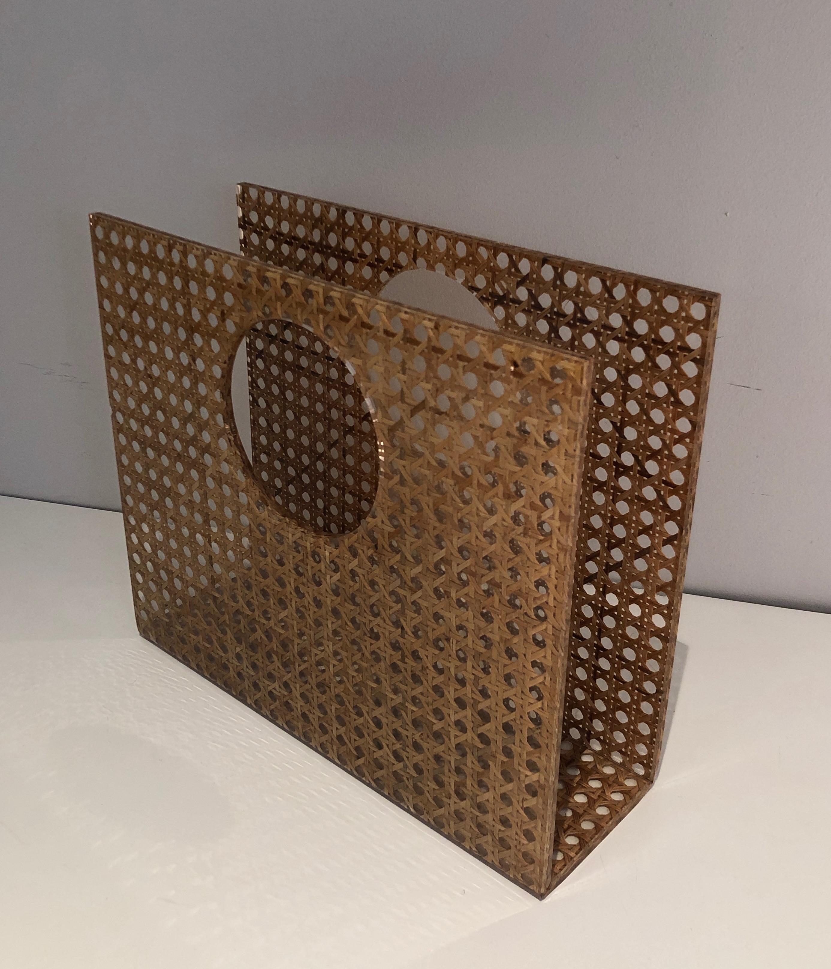Lucite, Brass & Encrusted Cane Magazine Rack in the Style of C. Dior & G. Crespi For Sale 3