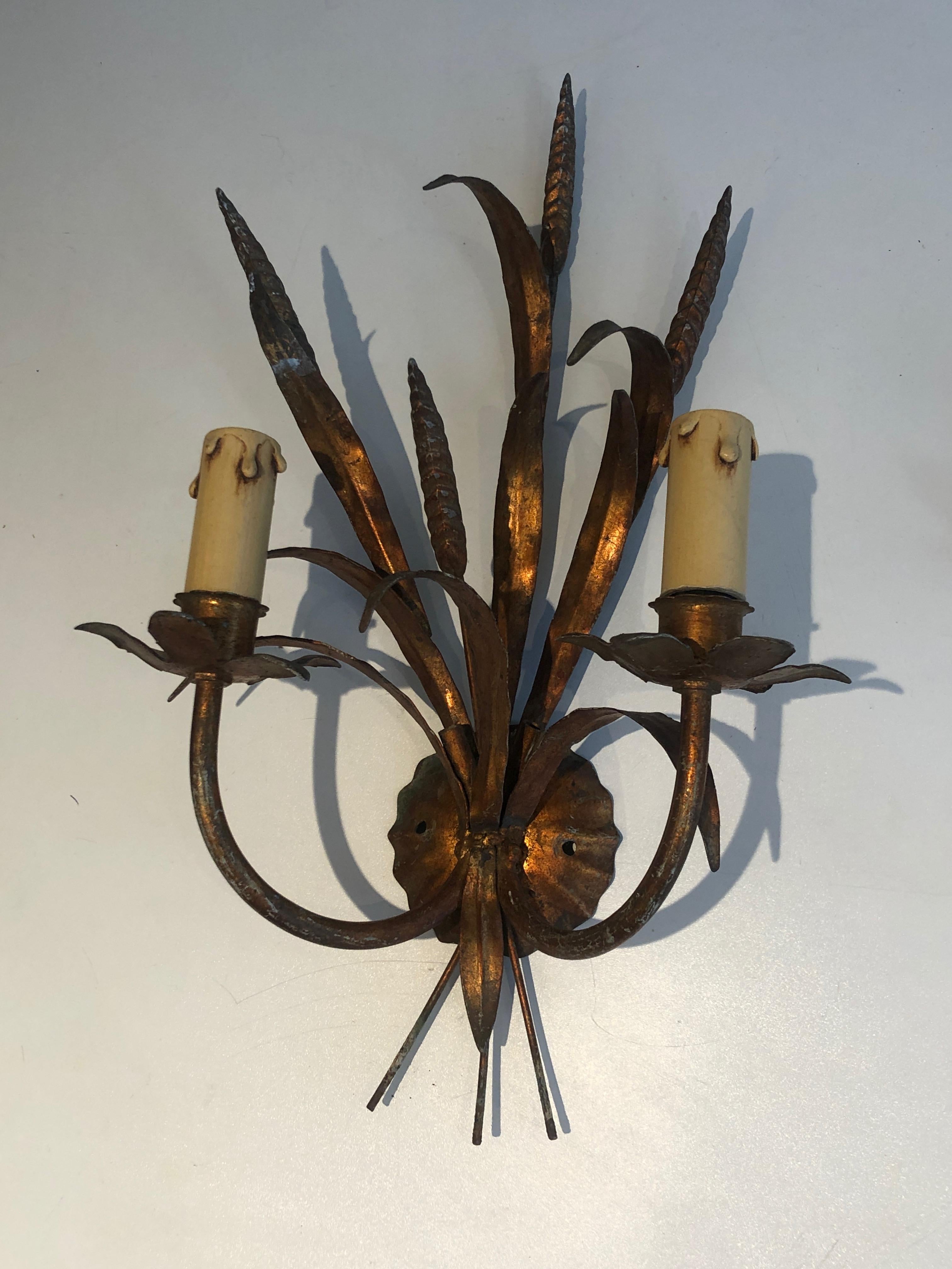 In the Style of Coco Channel, Pair of Gilt Metal Ears of Wheat Wall Sconces 3