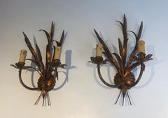 In the Style of Coco Channel, Pair of Gilt Metal Ears of Wheat Wall Sconces