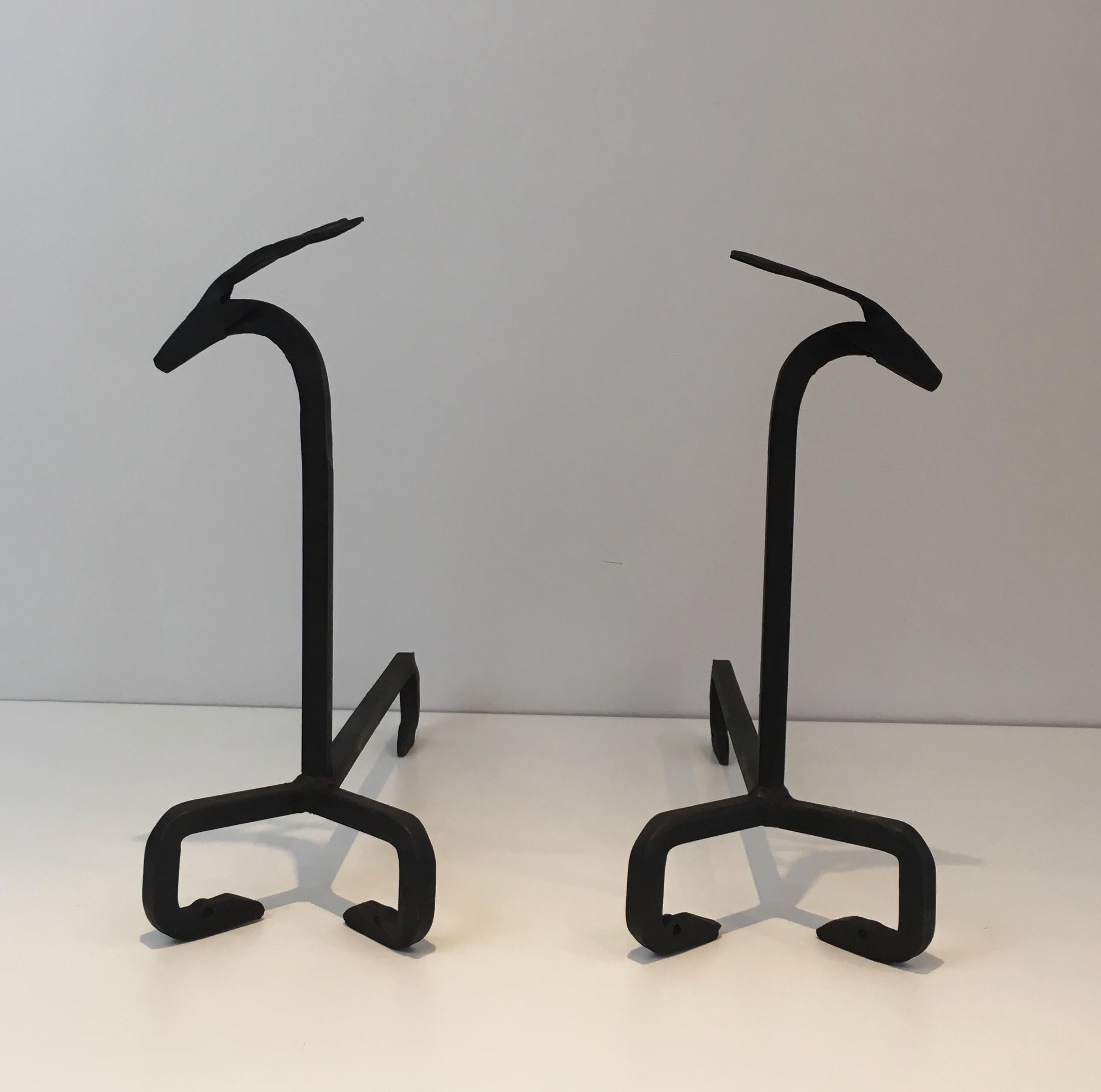 In the Style of Edouard Schenck, Pair of Deer Wrought Iron Andirons, French, Ci 7