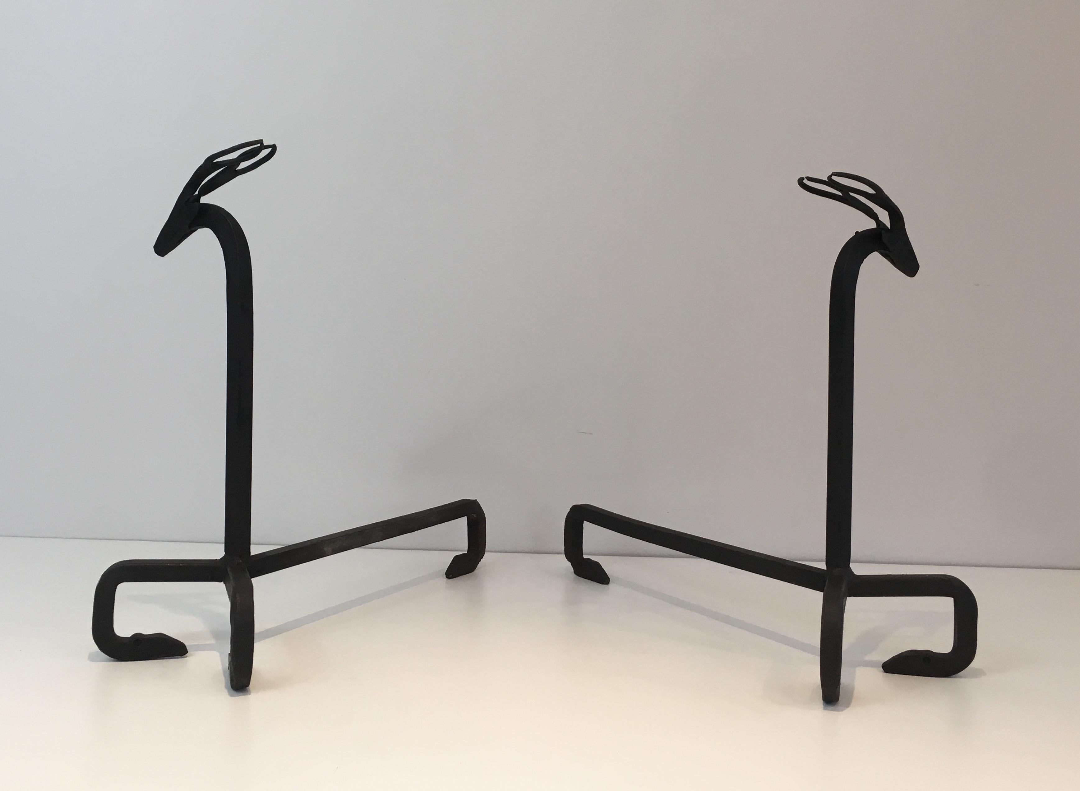 In the Style of Edouard Schenck, Pair of Deer Wrought Iron Andirons, French, Ci 11