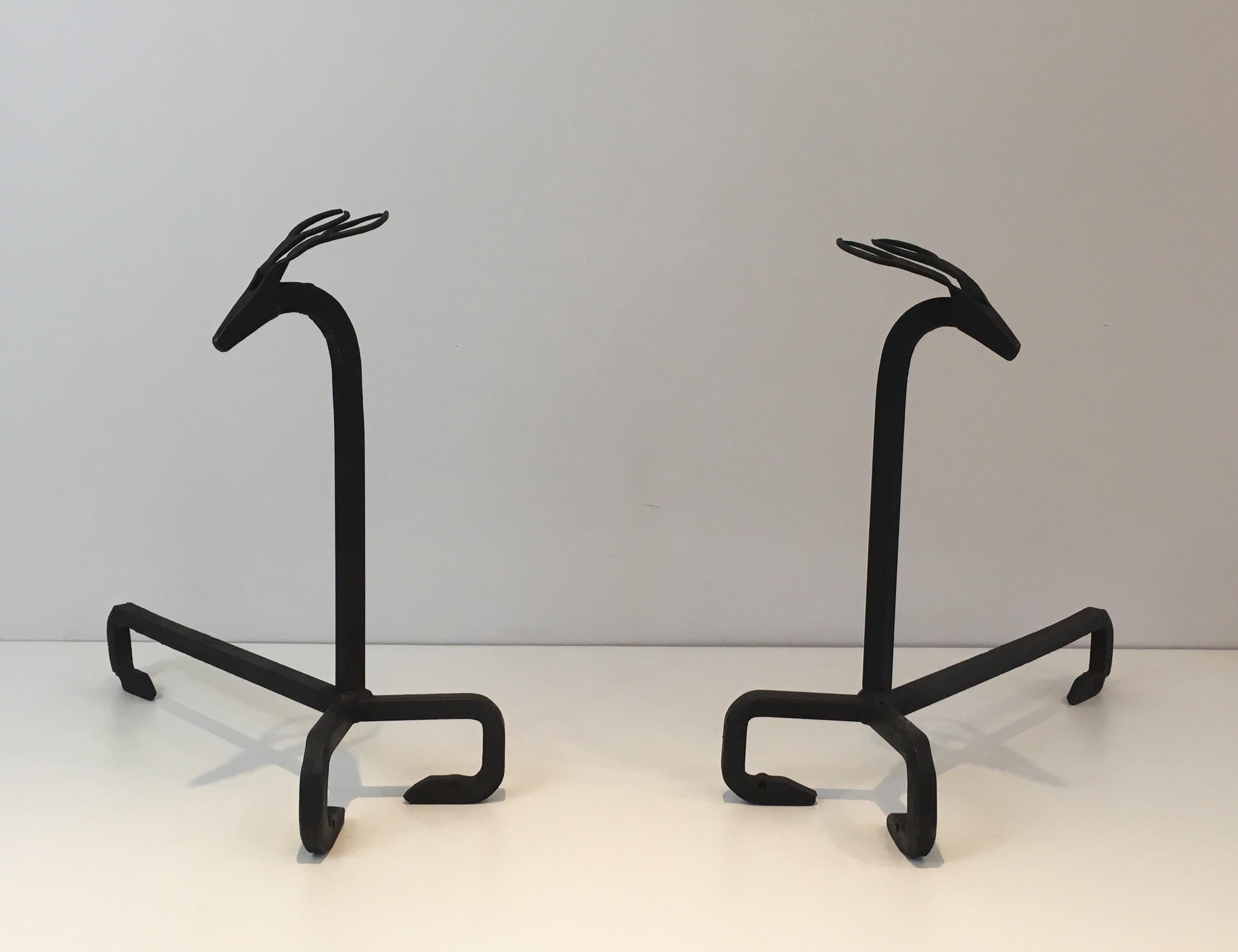 In the Style of Edouard Schenck, Pair of Deer Wrought Iron Andirons, French, Ci 12