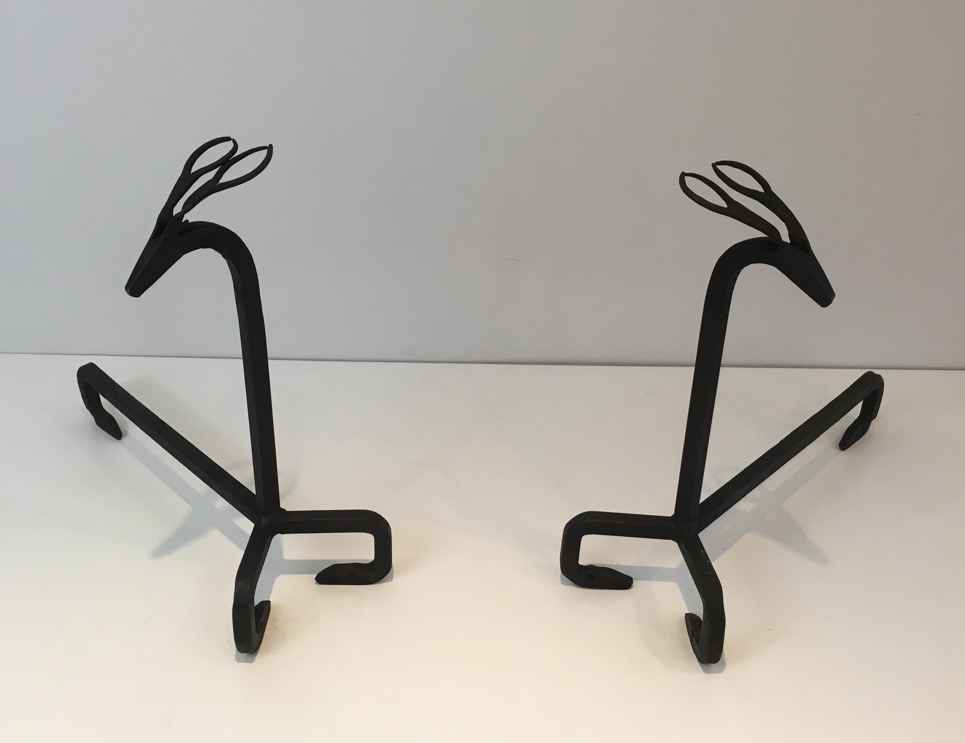 In the Style of Edouard Schenck, Pair of Deer Wrought Iron Andirons, French, Ci 13