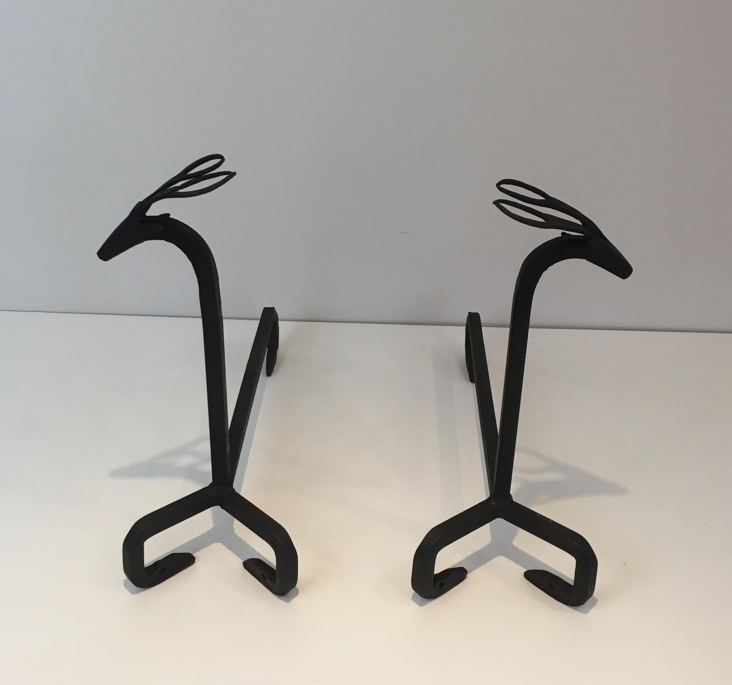 In the Style of Edouard Schenck, Pair of Deer Wrought Iron Andirons, French, Ci 14