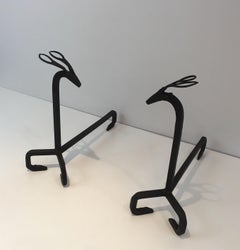 In the Style of Edouard Schenck, Pair of Deer Wrought Iron Andirons, French, Ci