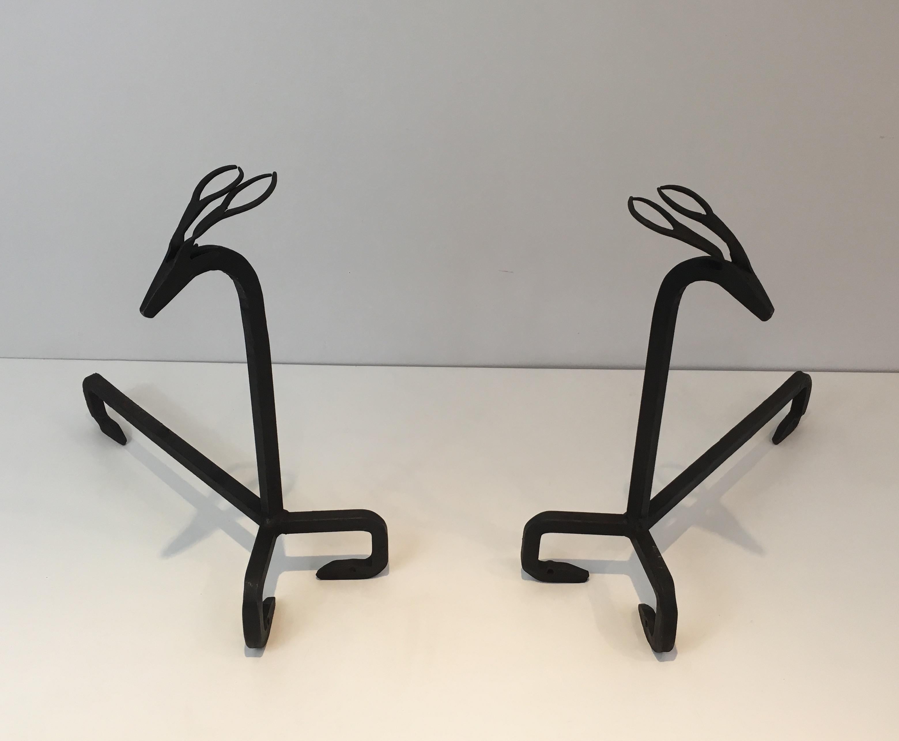In the Style of Edouard Schenck, Pair of Deer Wrought Iron Andirons, French, Ci 15