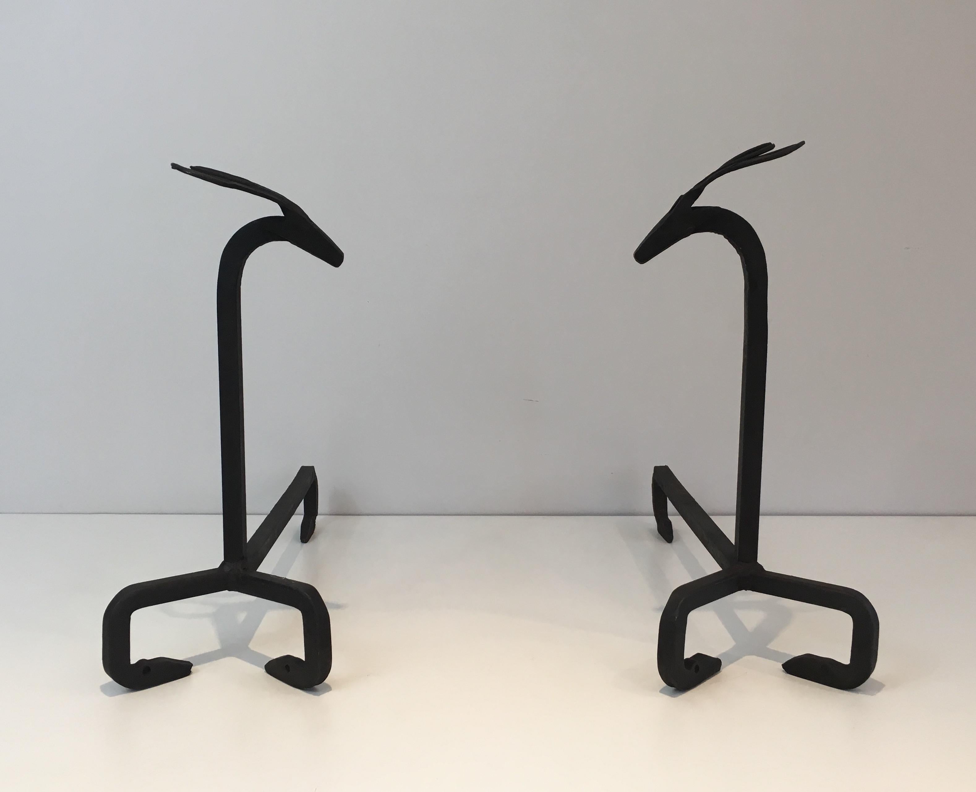 Mid-Century Modern In the Style of Edouard Schenck, Pair of Deer Wrought Iron Andirons, French, Ci