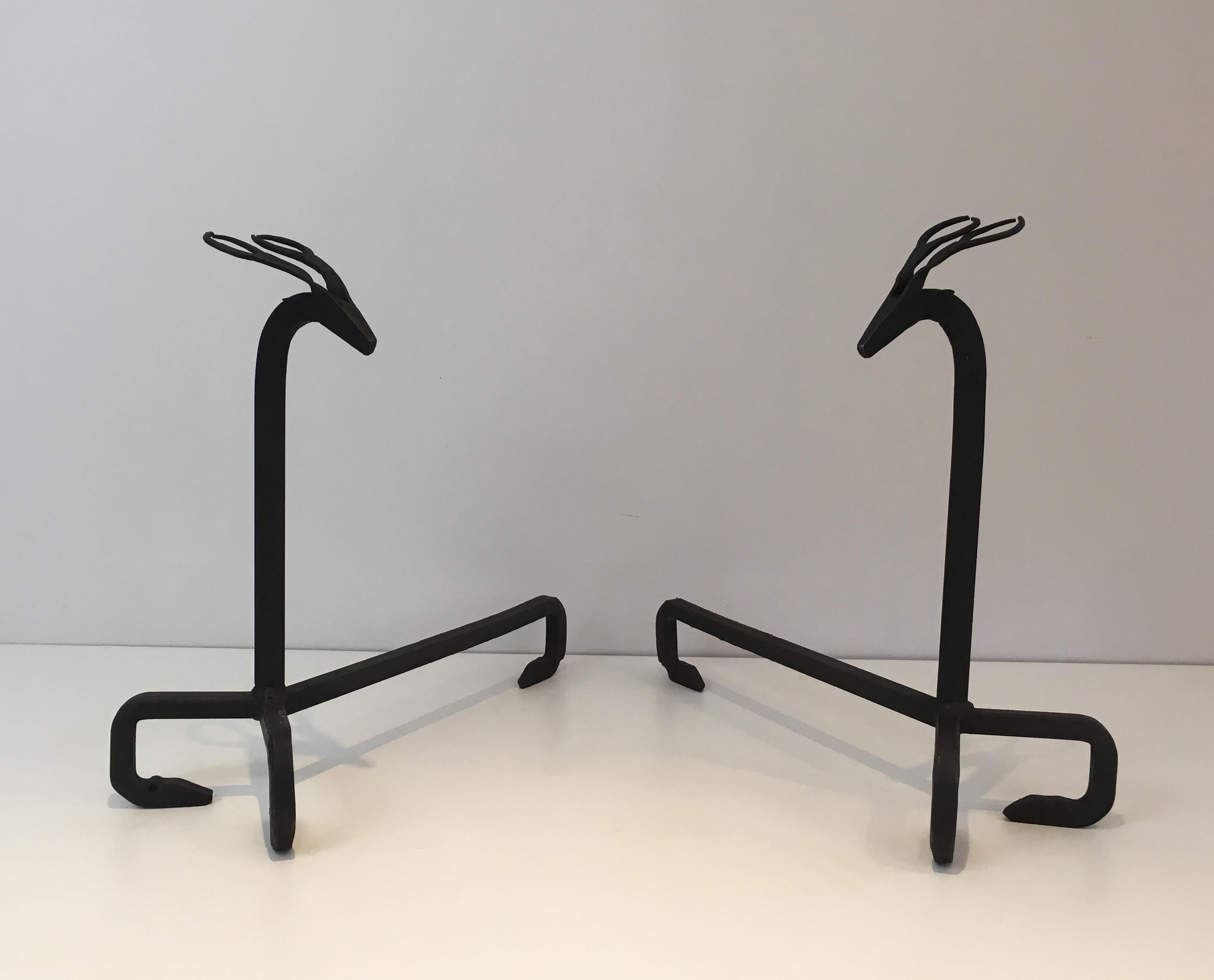 Mid-20th Century In the Style of Edouard Schenck, Pair of Deer Wrought Iron Andirons, French, Ci