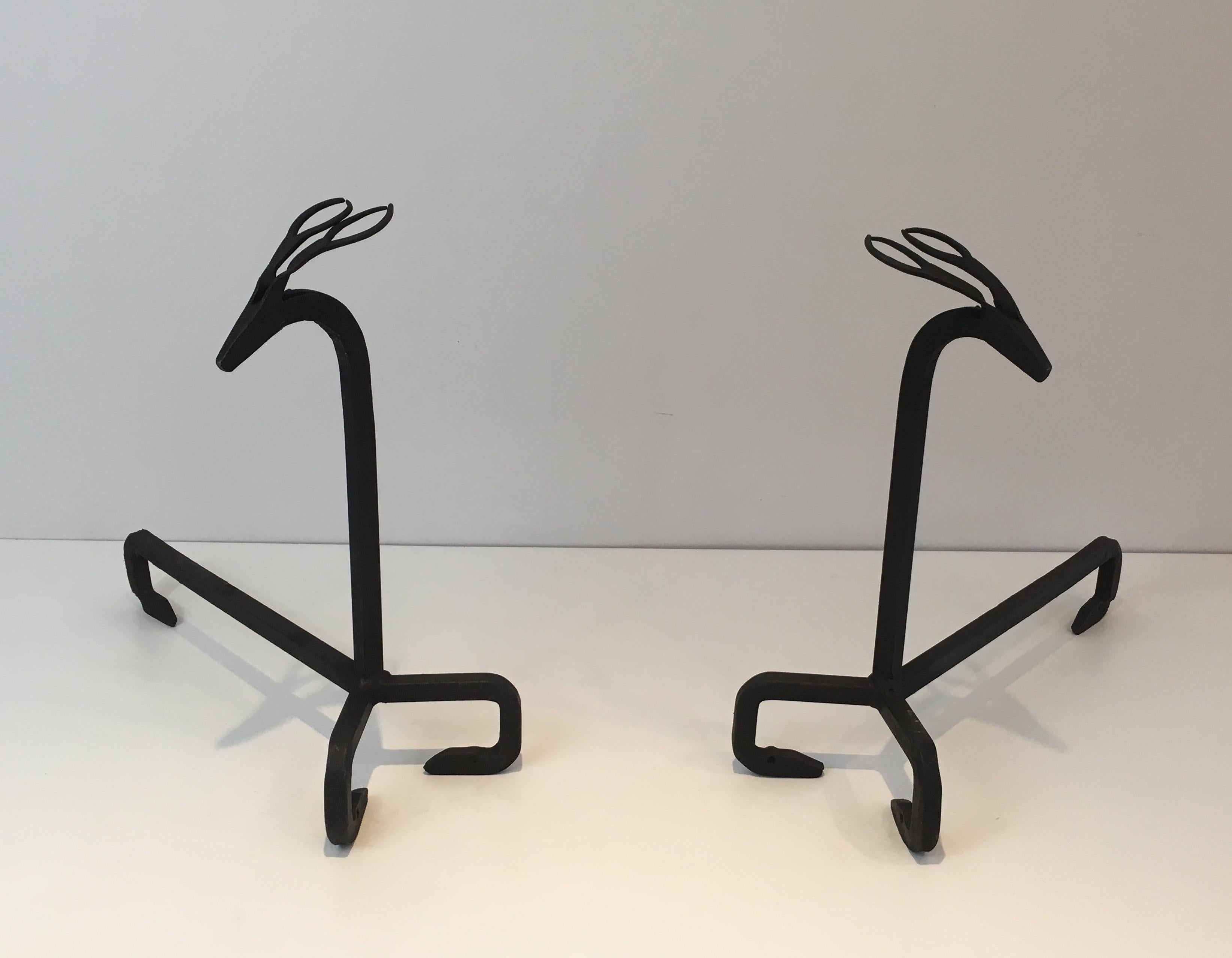 In the Style of Edouard Schenck, Pair of Deer Wrought Iron Andirons, French, Ci 4