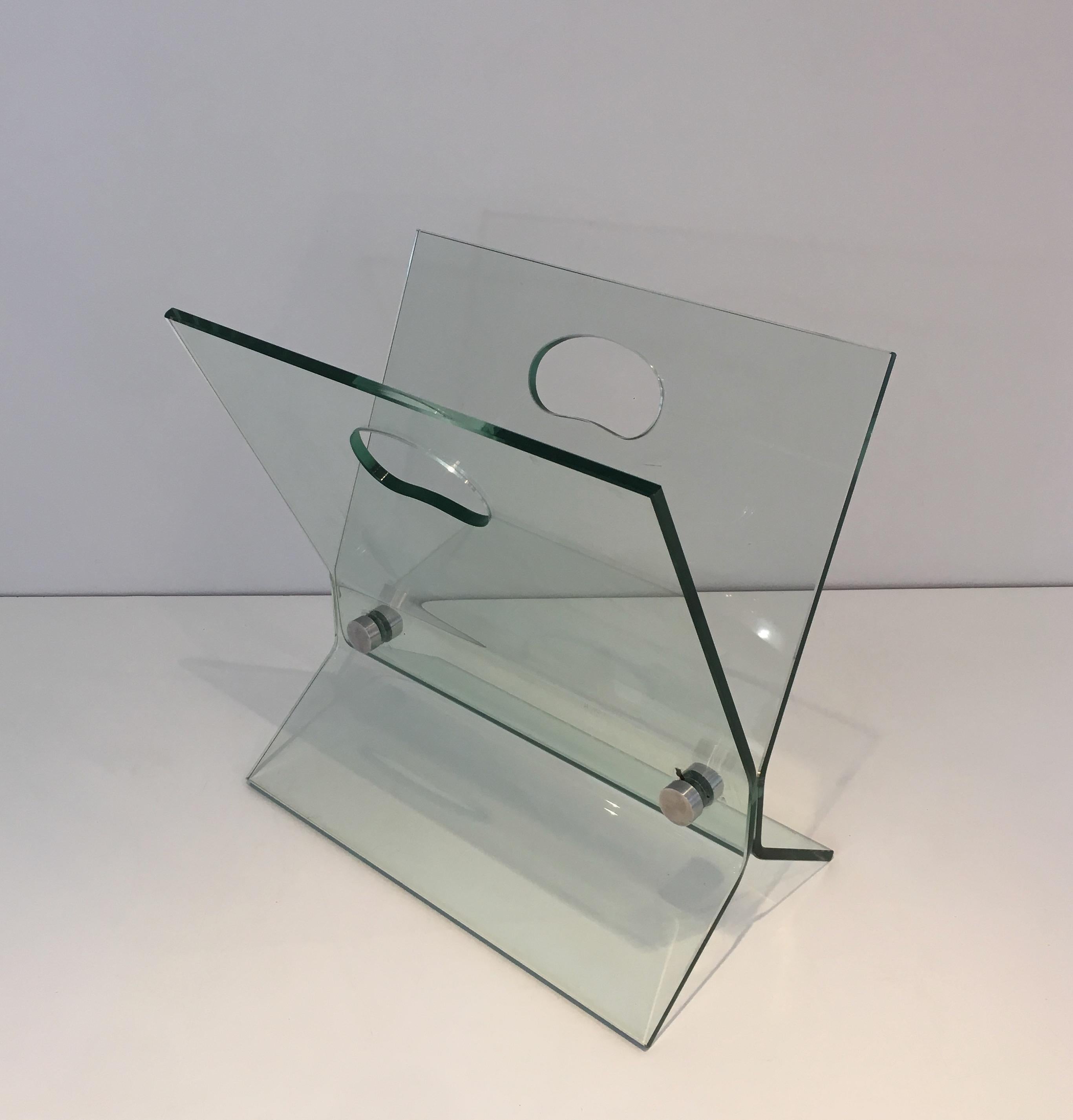 Dans le style de François Arnal, porte-revues design en verre et acier brossé en vente 7