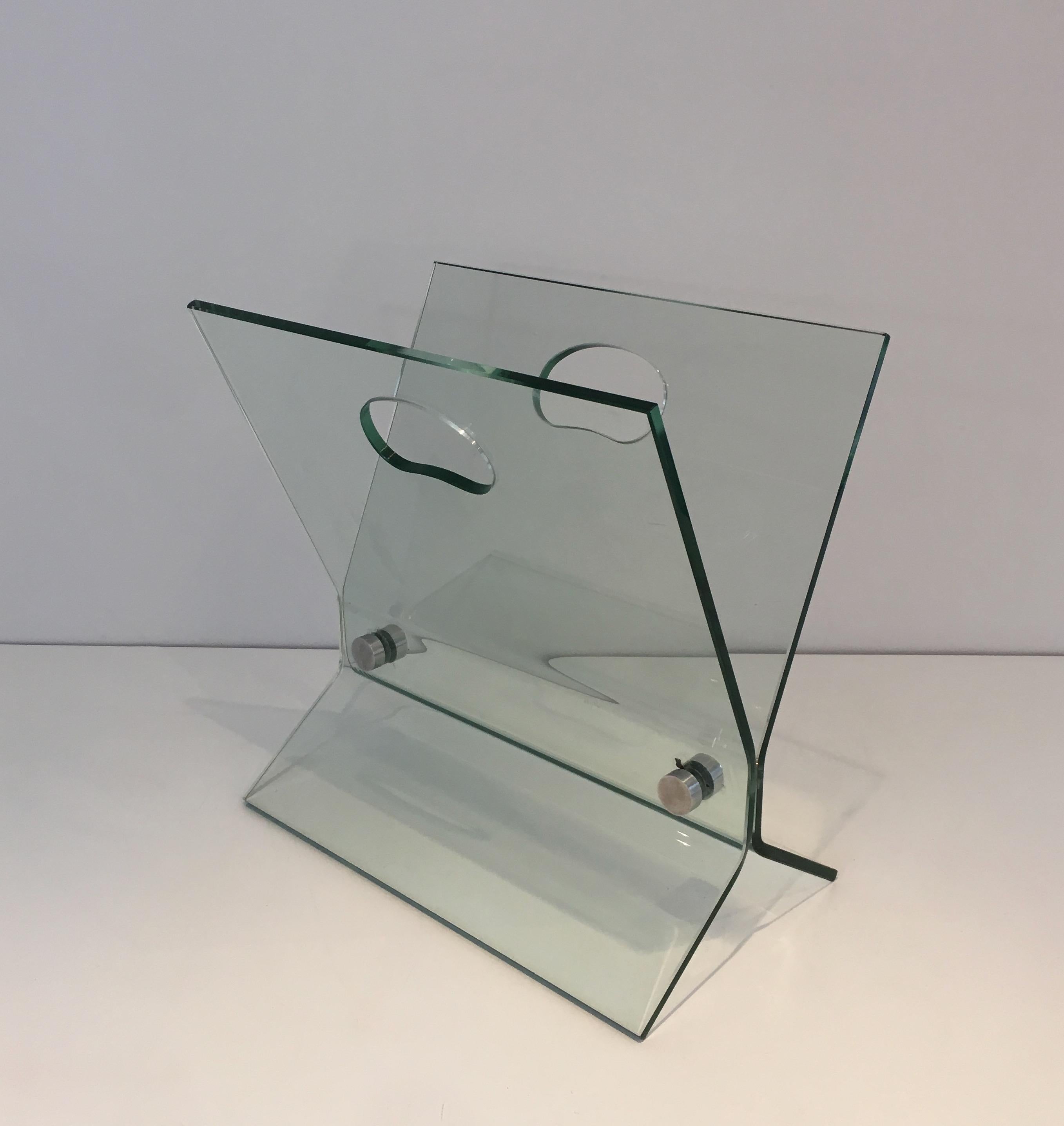 Mid-Century Modern In the Style of François Arnal, Glass and Brushed Steel Design Magazine Rack For Sale