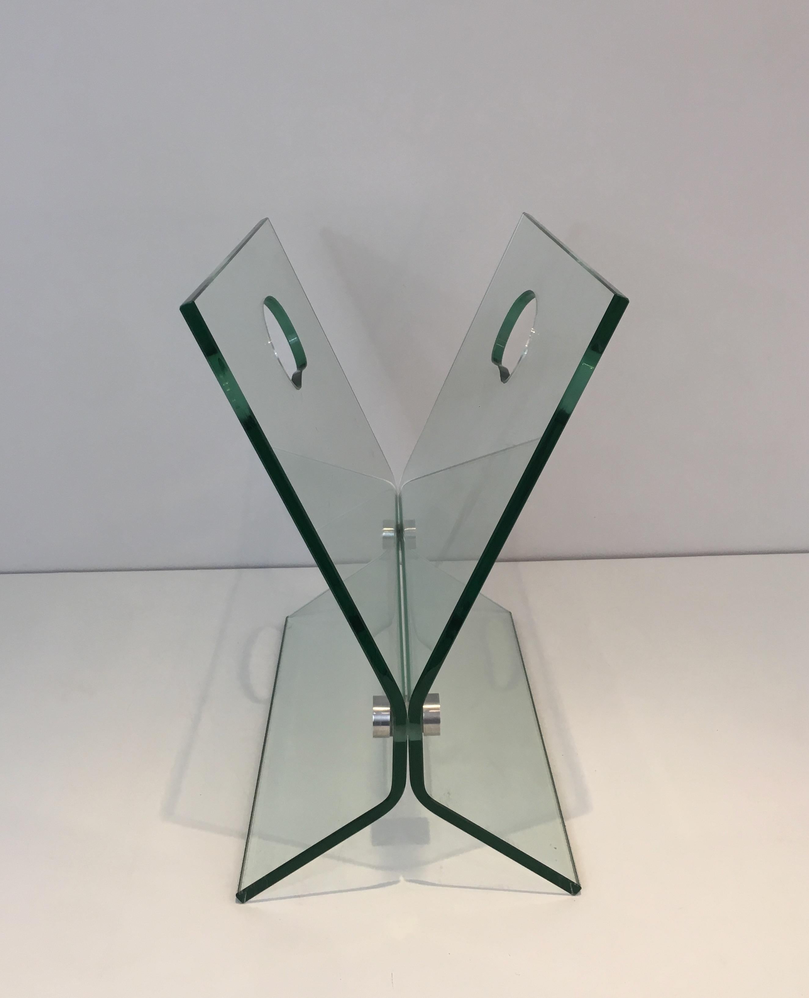 Late 20th Century In the Style of François Arnal, Glass and Brushed Steel Design Magazine Rack For Sale