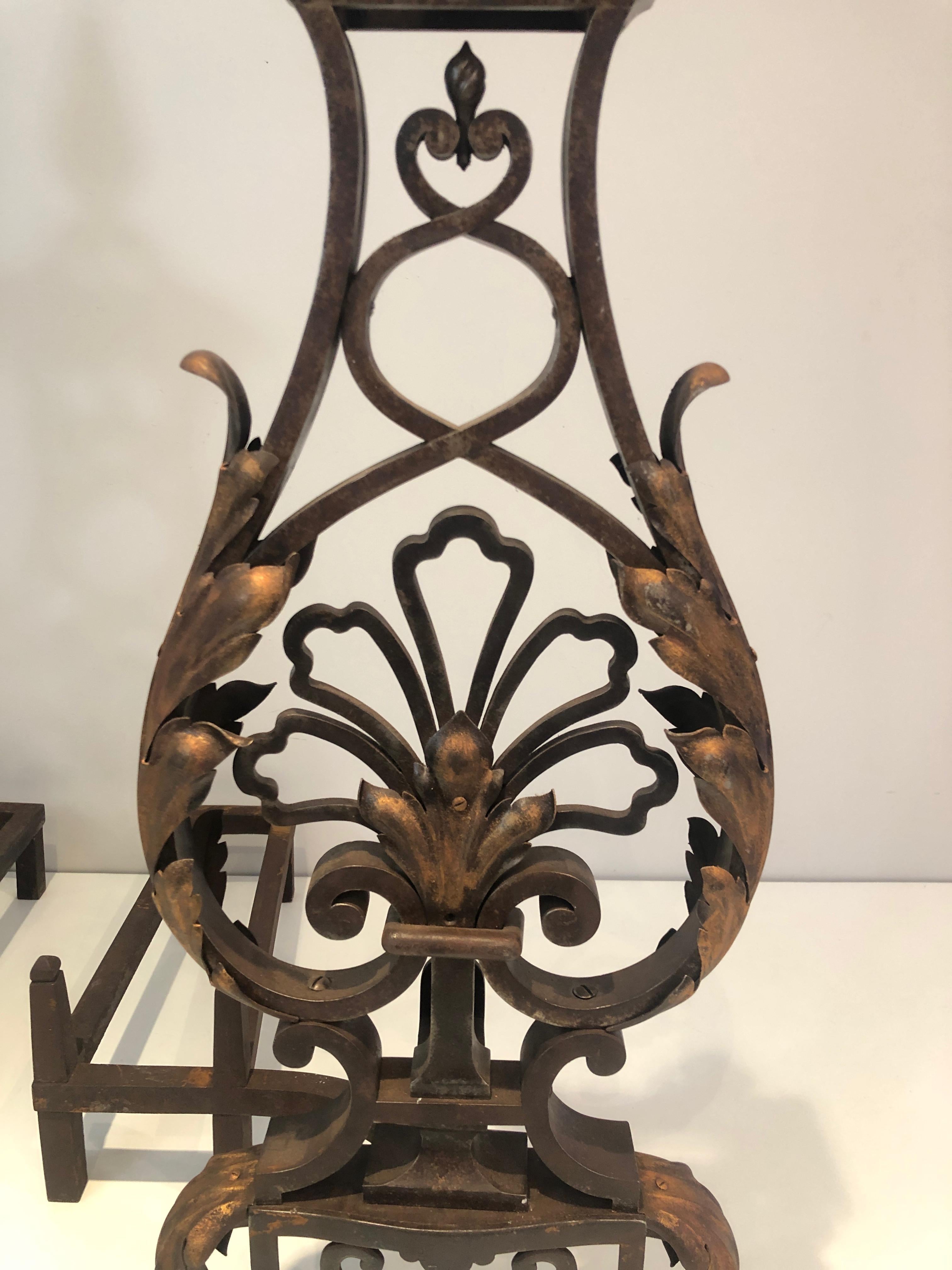In the Style of Gilbert Poillerat, Important Pair of Wrought Iron Andirons 5