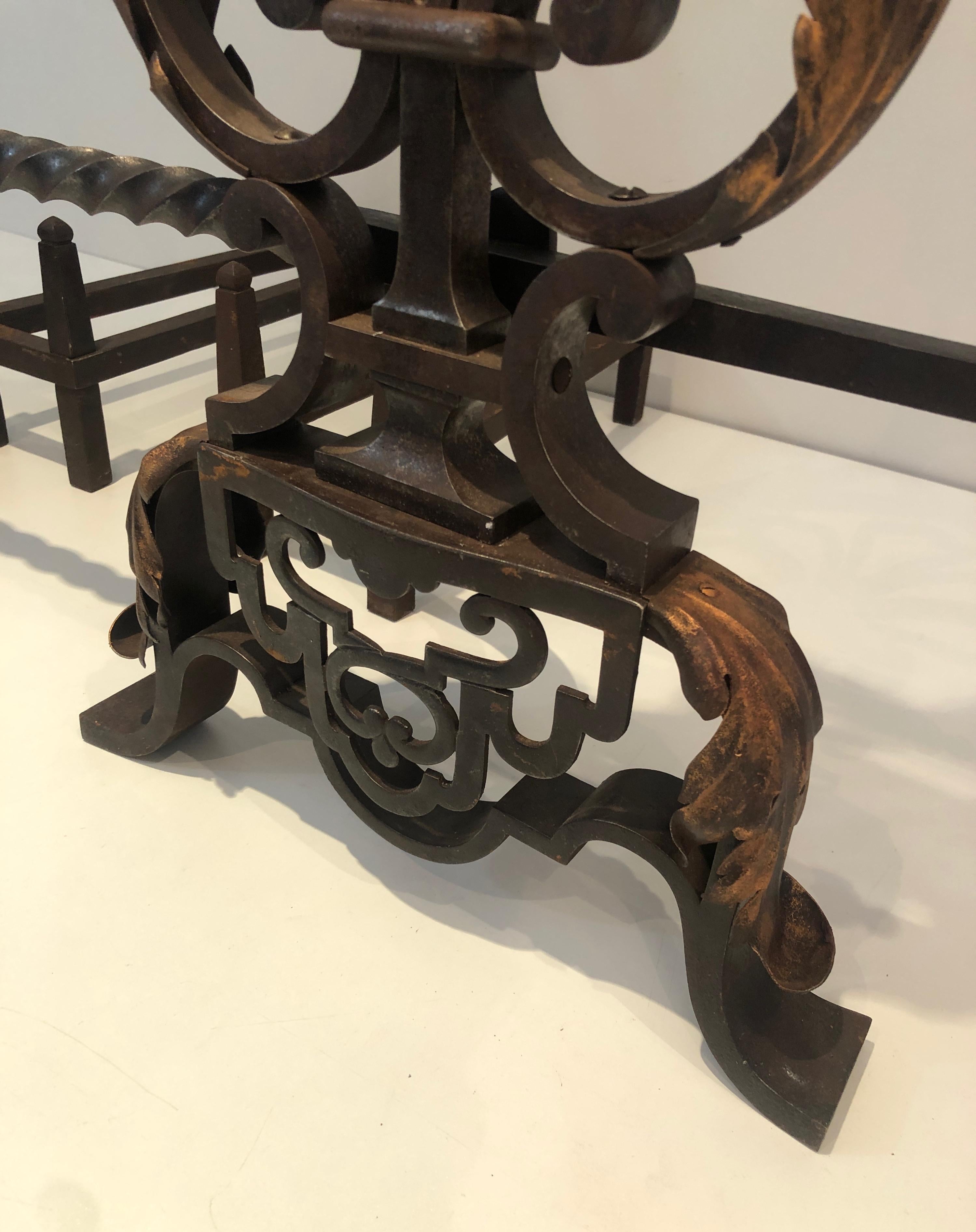 In the Style of Gilbert Poillerat, Important Pair of Wrought Iron Andirons 6