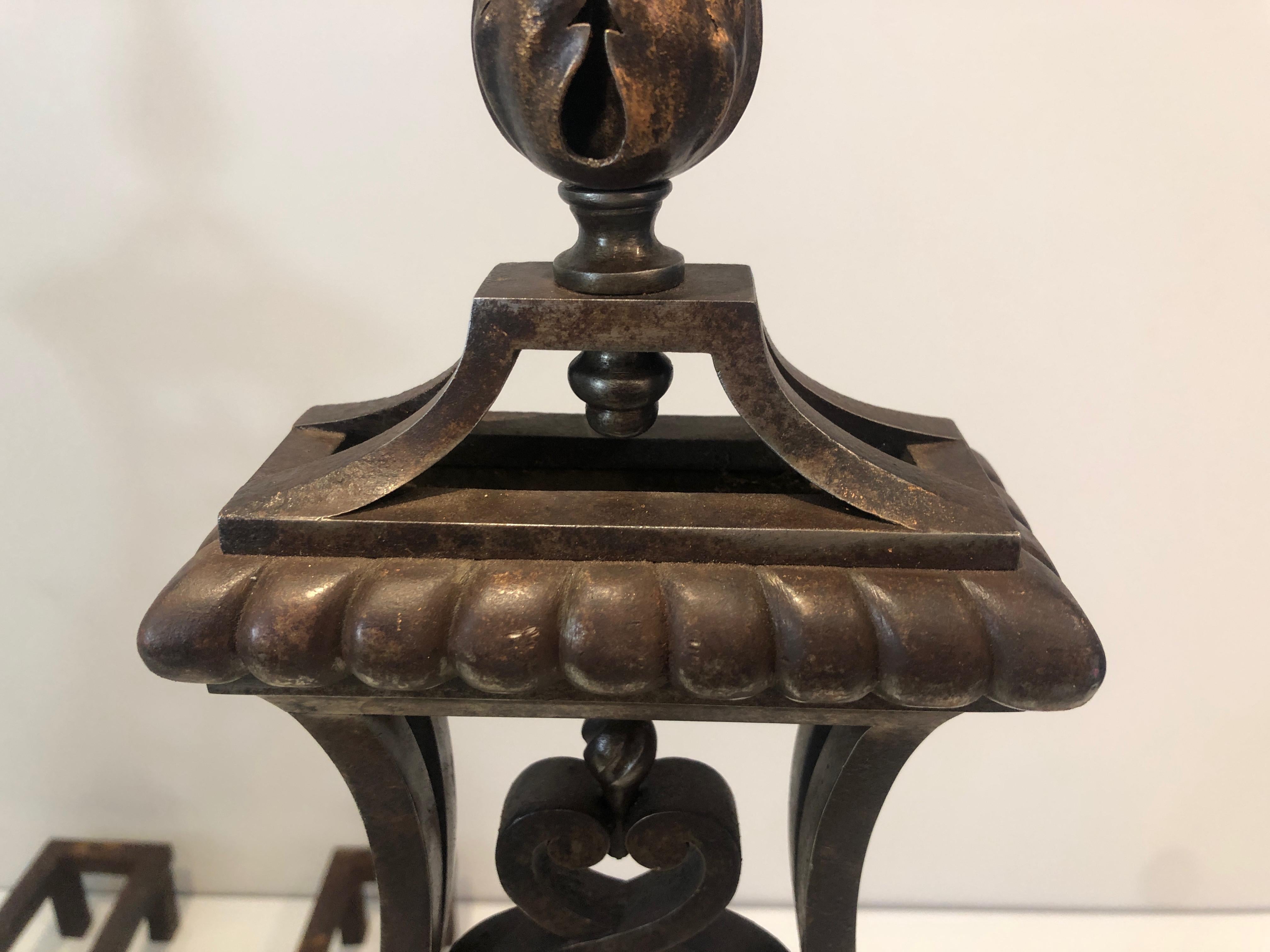 In the Style of Gilbert Poillerat, Important Pair of Wrought Iron Andirons 9