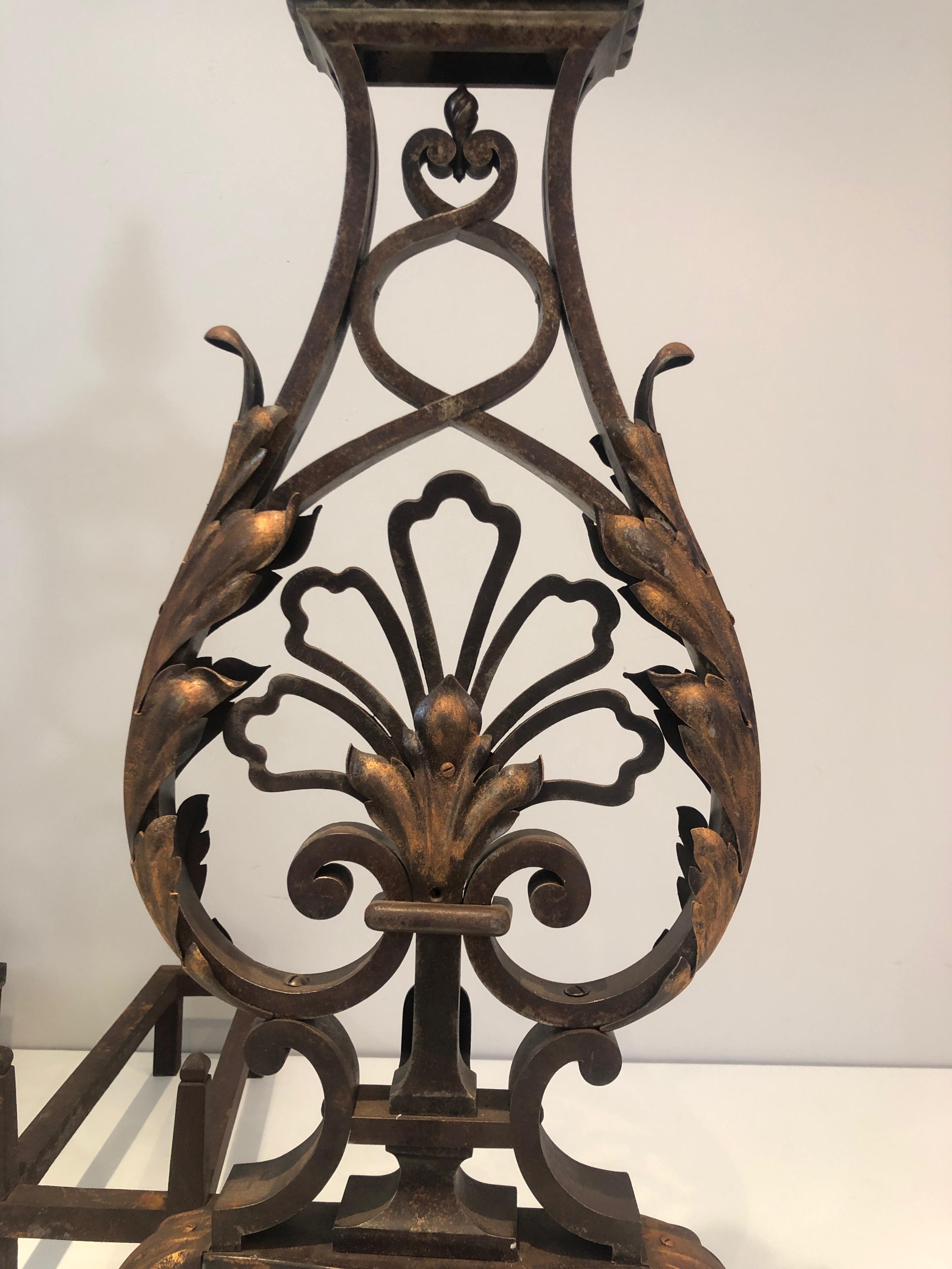 In the Style of Gilbert Poillerat, Important Pair of Wrought Iron Andirons 11