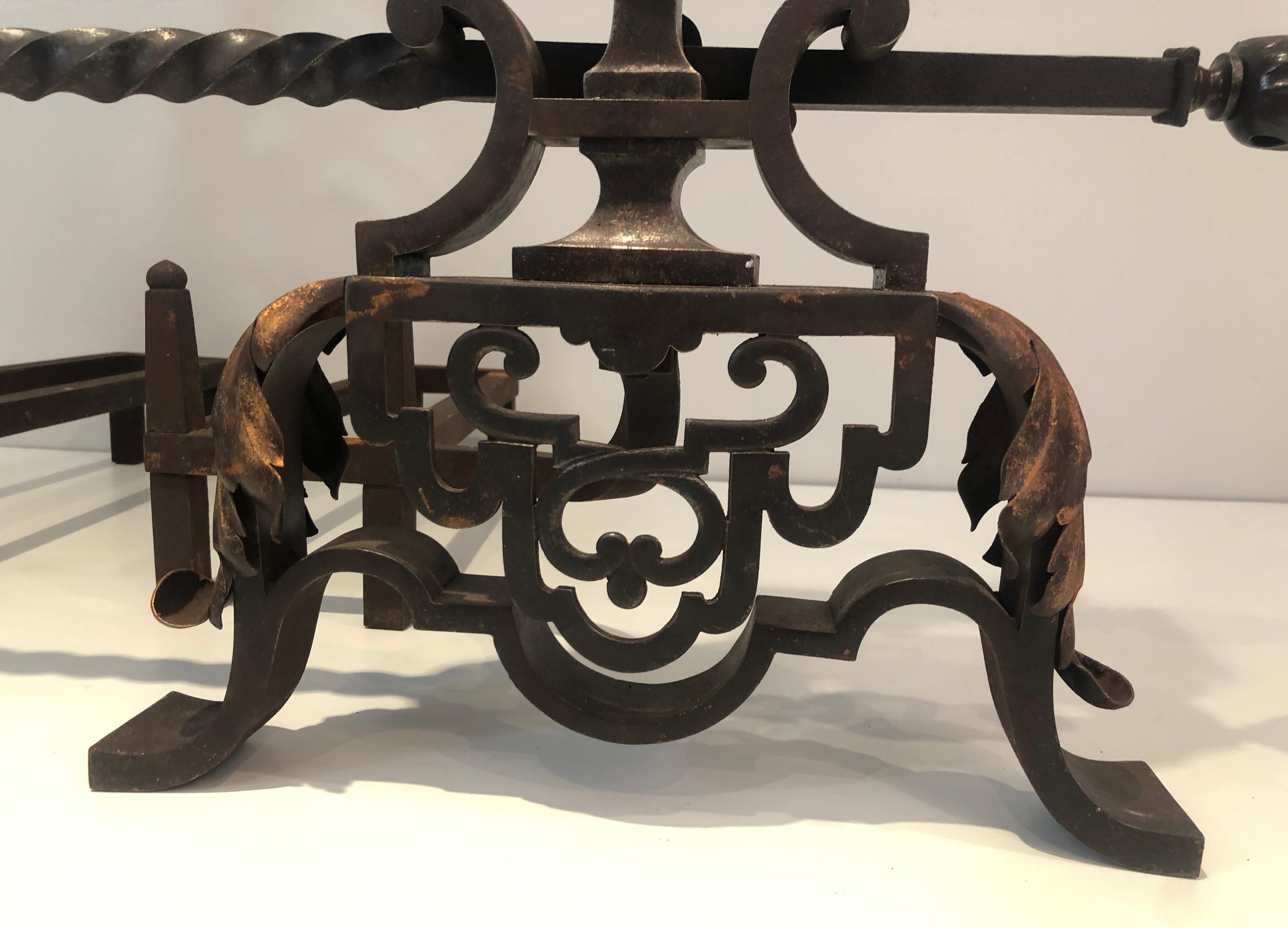 In the Style of Gilbert Poillerat, Important Pair of Wrought Iron Andirons 12